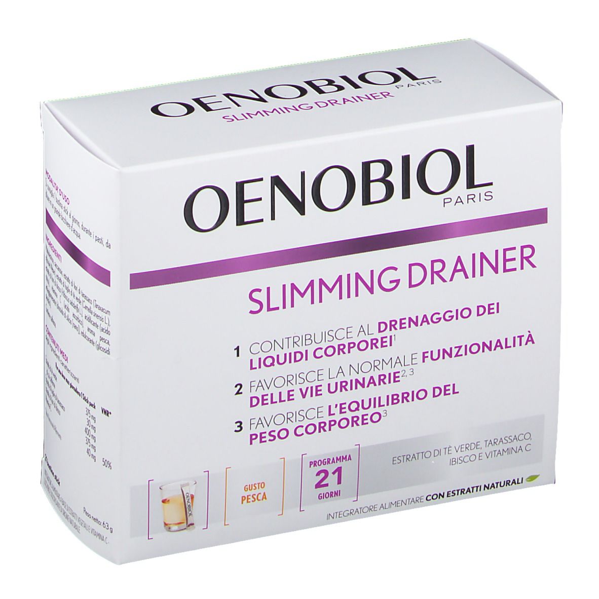 Confezione Oenobiol Slimming Drainer. Bianca con dettagli viola. Testo: 'Slimming Drainer' e informazioni sul prodotto.