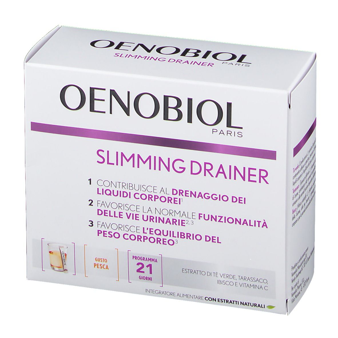 Confezione Oenobiol Slimming Drainer. Bianca con dettagli viola. Testo: 'Slimming Drainer' e informazioni sul prodotto.
