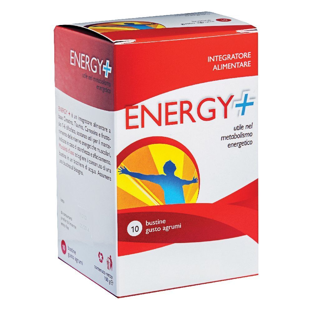 Scatola rossa e bianca con testo "ENERGY+" e "Integratore Alimentare". 10 bustine, gusto agrumi.