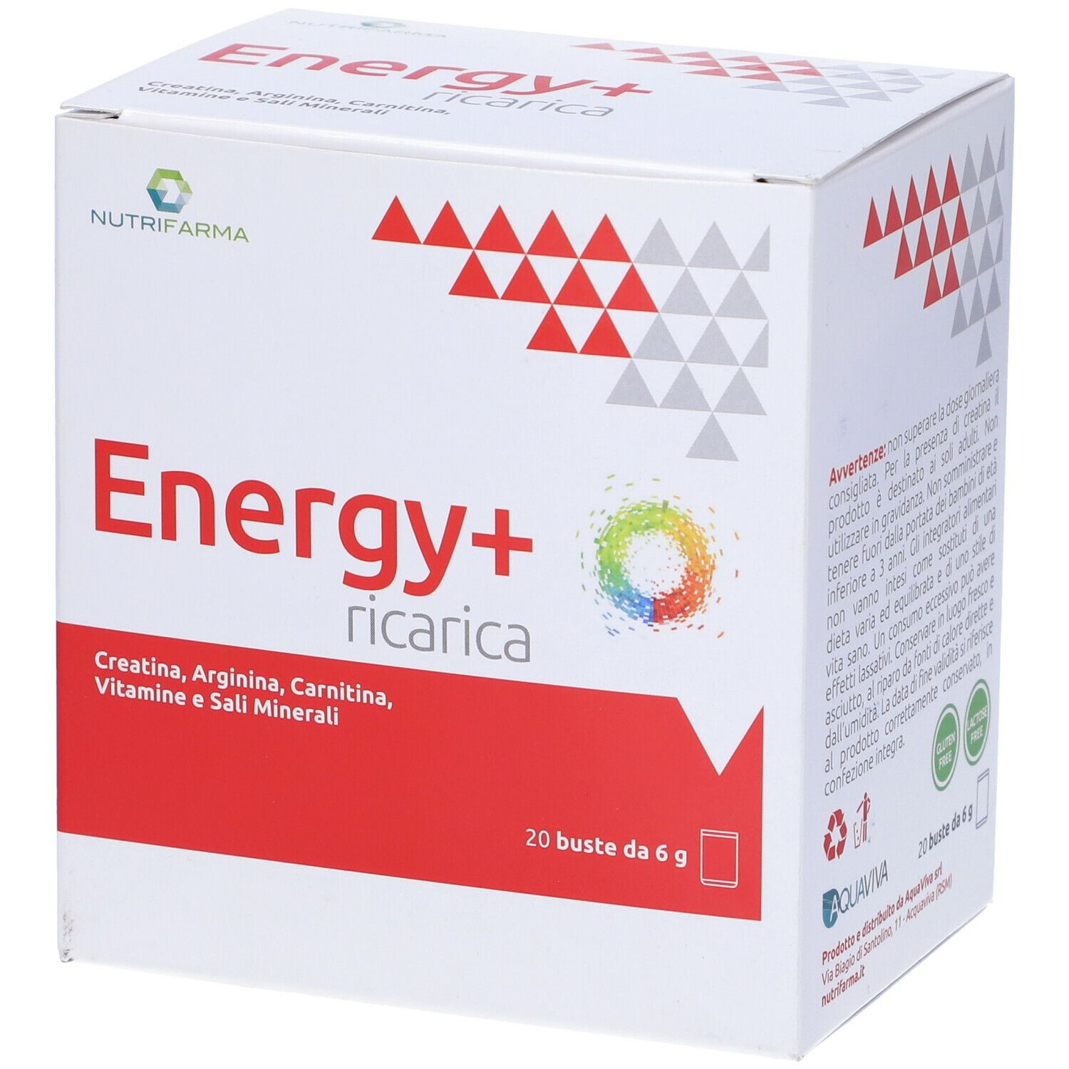 Scatola bianca con fascia rossa. Testo "Energy+ ricarica". 20 bustine, 6g. Contiene creatina, arginina, carnitina, vitamine, minerali.