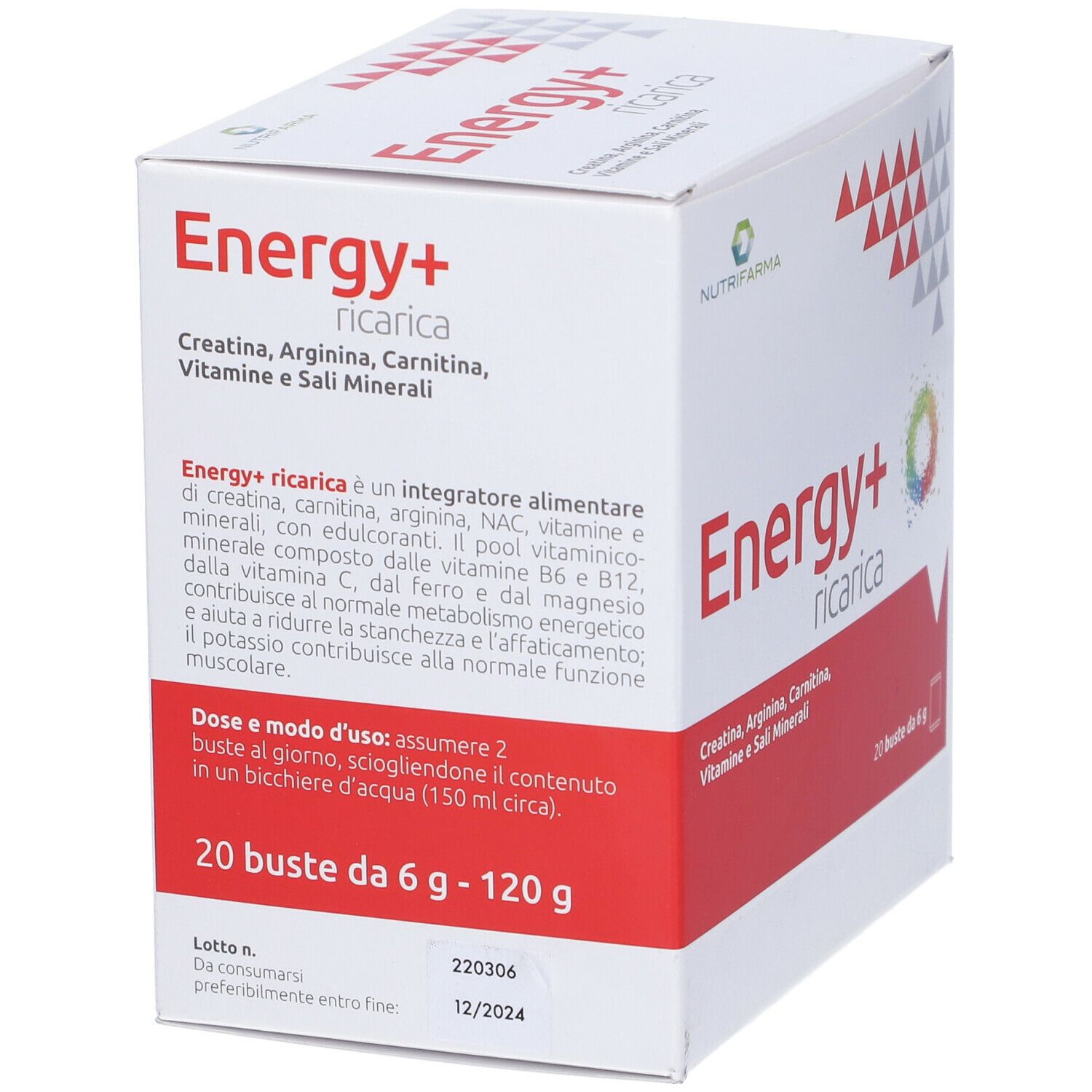 Scatola bianca con fascia rossa. Testo "Energy+ ricarica". 20 bustine, 6g. Ingredienti: creatina, arginina, carnitina, vitamine, minerali.