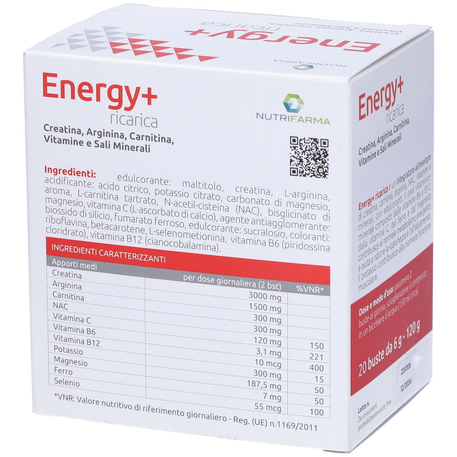 Scatola bianca con fascia rossa. Testo "Energy+ ricarica". 20 bustine, 6g. Ingredienti e tabella nutrizionale.