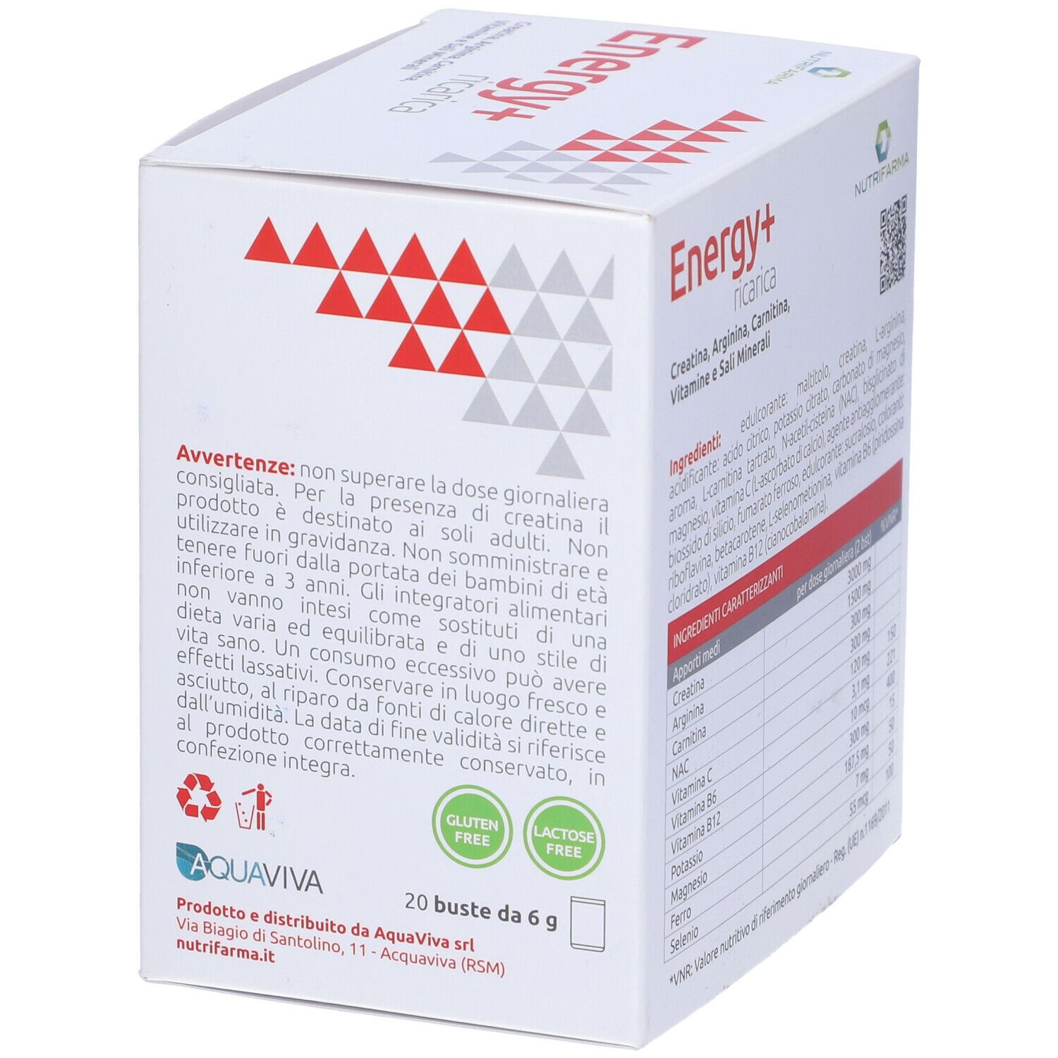 Scatola bianca con fascia rossa. Testo "Energy+ ricarica". 20 bustine, 6g. Contiene simboli senza glutine e lattosio.