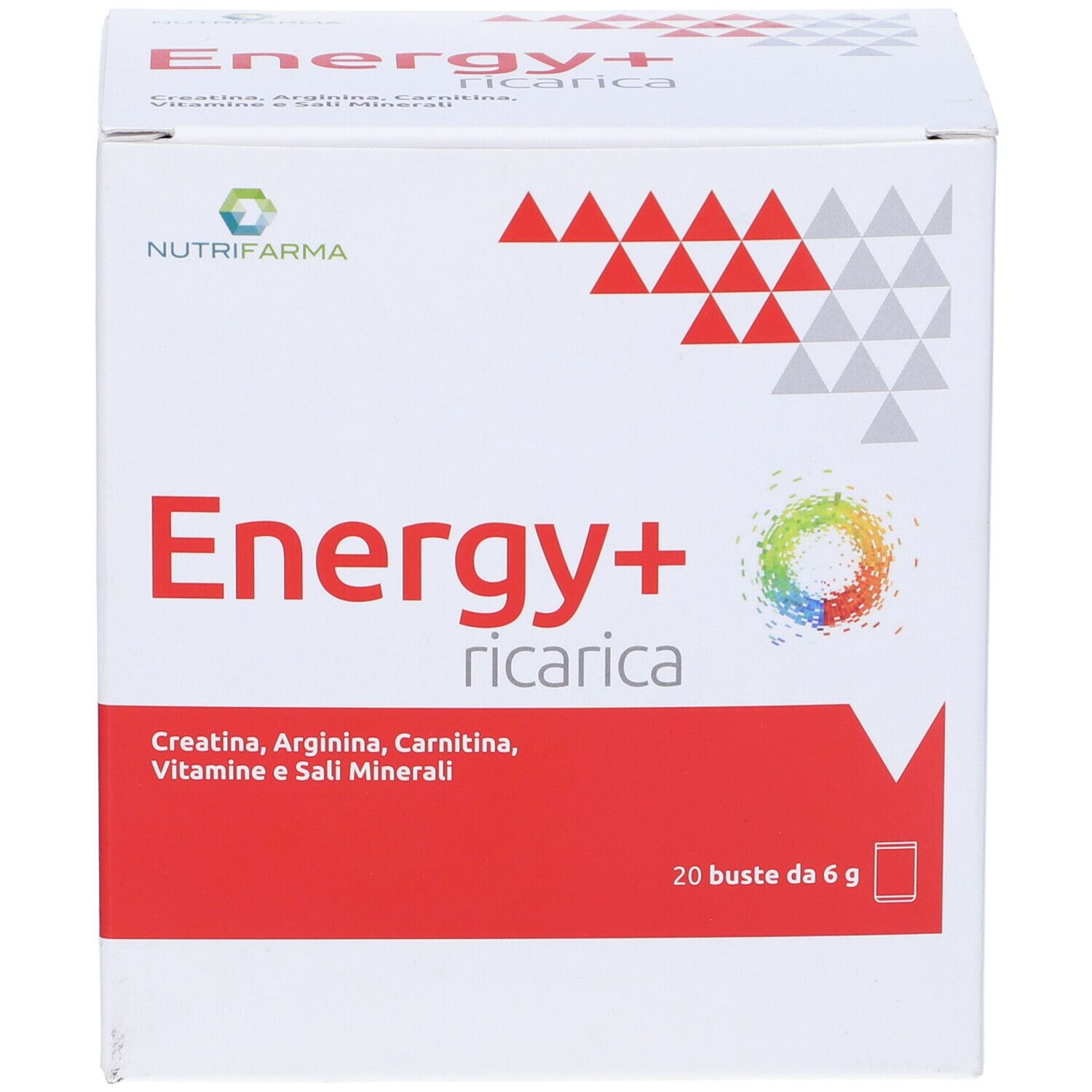 Scatola bianca con fascia rossa. Testo "Energy+ ricarica". 20 bustine, 6g. Contiene creatina, arginina, carnitina, vitamine, minerali.