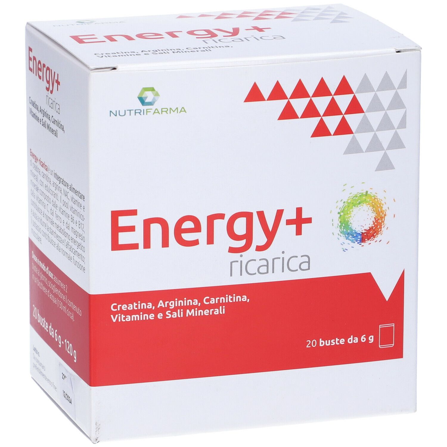 Scatola bianca con fascia rossa. Testo "Energy+ ricarica". 20 bustine, 6g. Contiene creatina, arginina, carnitina, vitamine, minerali.