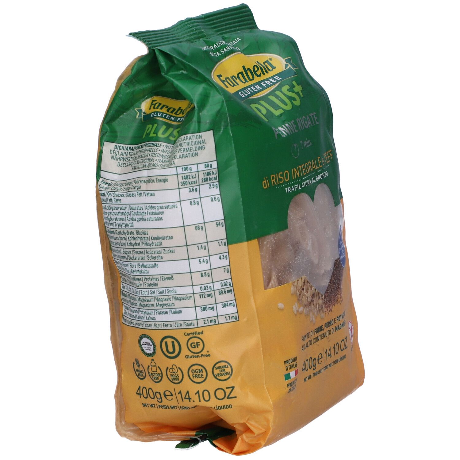 Confezione di Penne Rigate. Visibile: nome del prodotto, ingredienti, informazioni nutrizionali e il prodotto stesso.