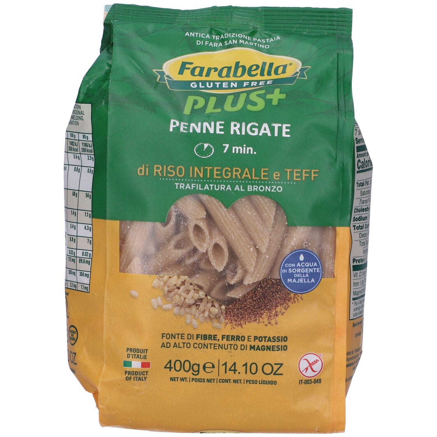 Confezione di Penne Rigate. Visibile: nome del prodotto, ingredienti, informazioni nutrizionali e il prodotto stesso.