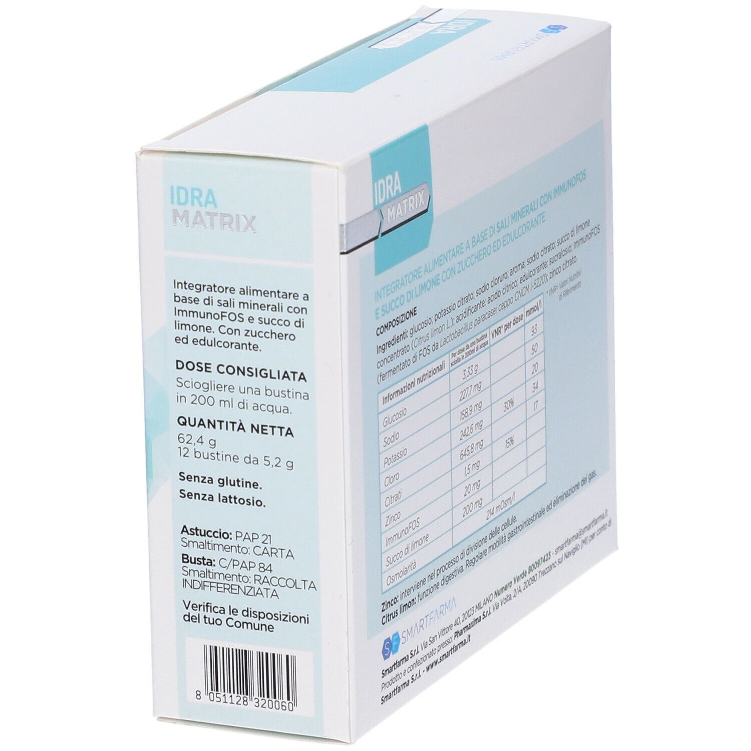Confezione prodotto, angolata. Contiene informazioni nutrizionali e ingredienti. Confezione blu e bianca.