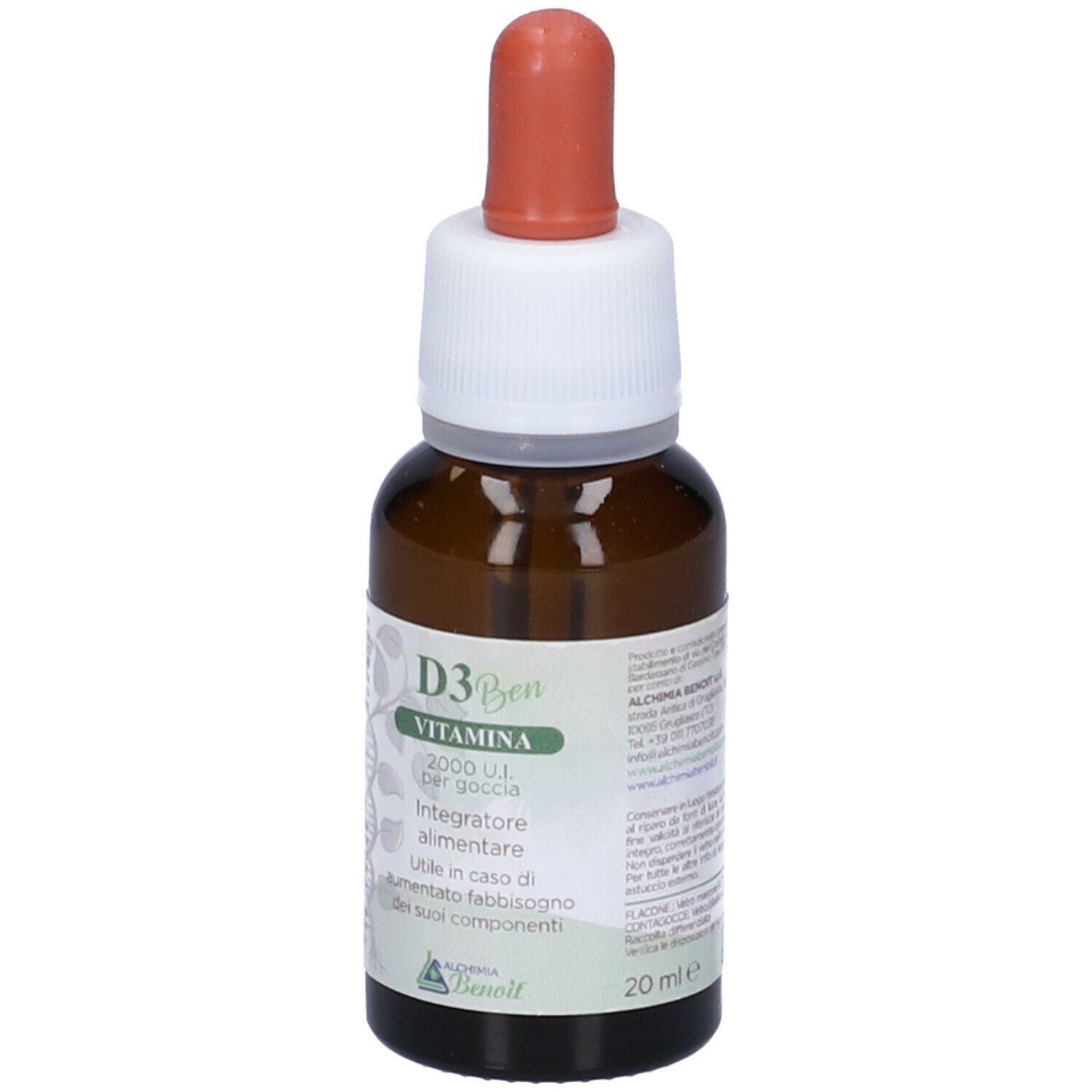 Flacone di vetro marrone con contagocce. Scritta: D3 Ben Vitamina 2000 U.I. per goccia. Logo Alchemia Benoit.