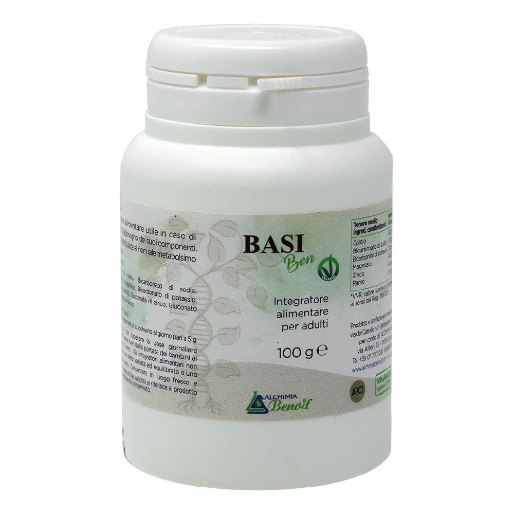 Barattolo bianco con scritta Basi Ben, integratore alimentare per adulti. 100 g. Logo Alchemia Benoit.