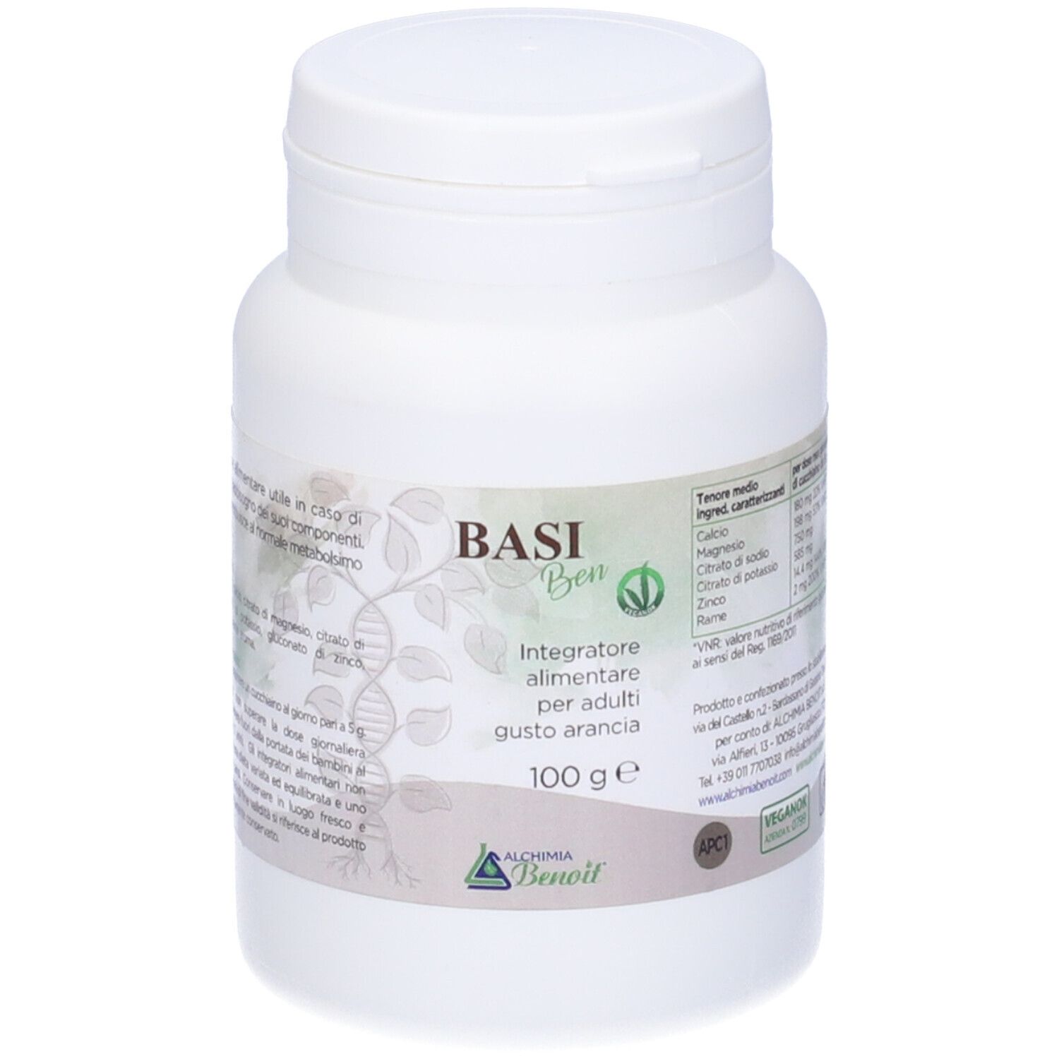 Barattolo bianco con scritta Basi Ben, integratore alimentare per adulti, gusto arancia. 100 g. Logo Alchemia Benoit.