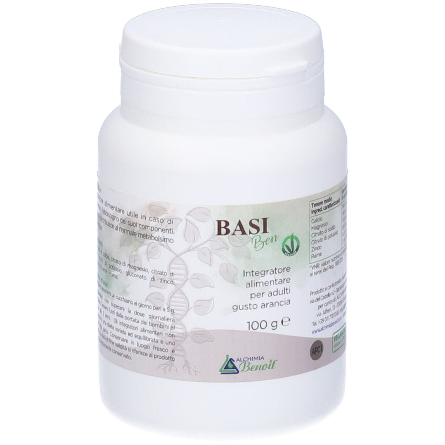 Barattolo bianco con scritta Basi Ben, integratore alimentare per adulti, gusto arancia. 100 g. Logo Alchemia Benoit.