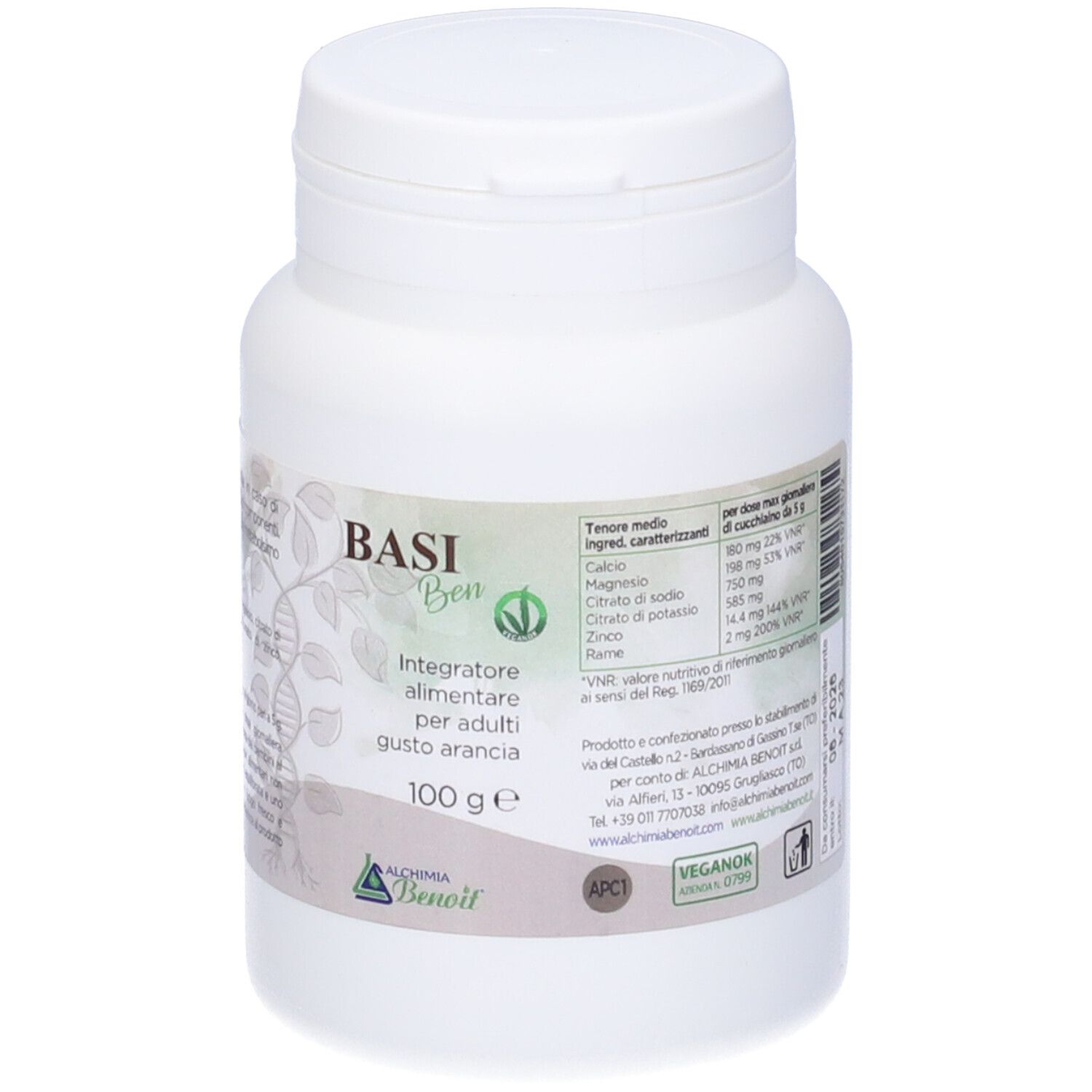 Barattolo bianco con scritta Basi Ben, integratore alimentare per adulti, gusto arancia. 100 g. Logo Alchemia Benoit. Valori nutrizionali.
