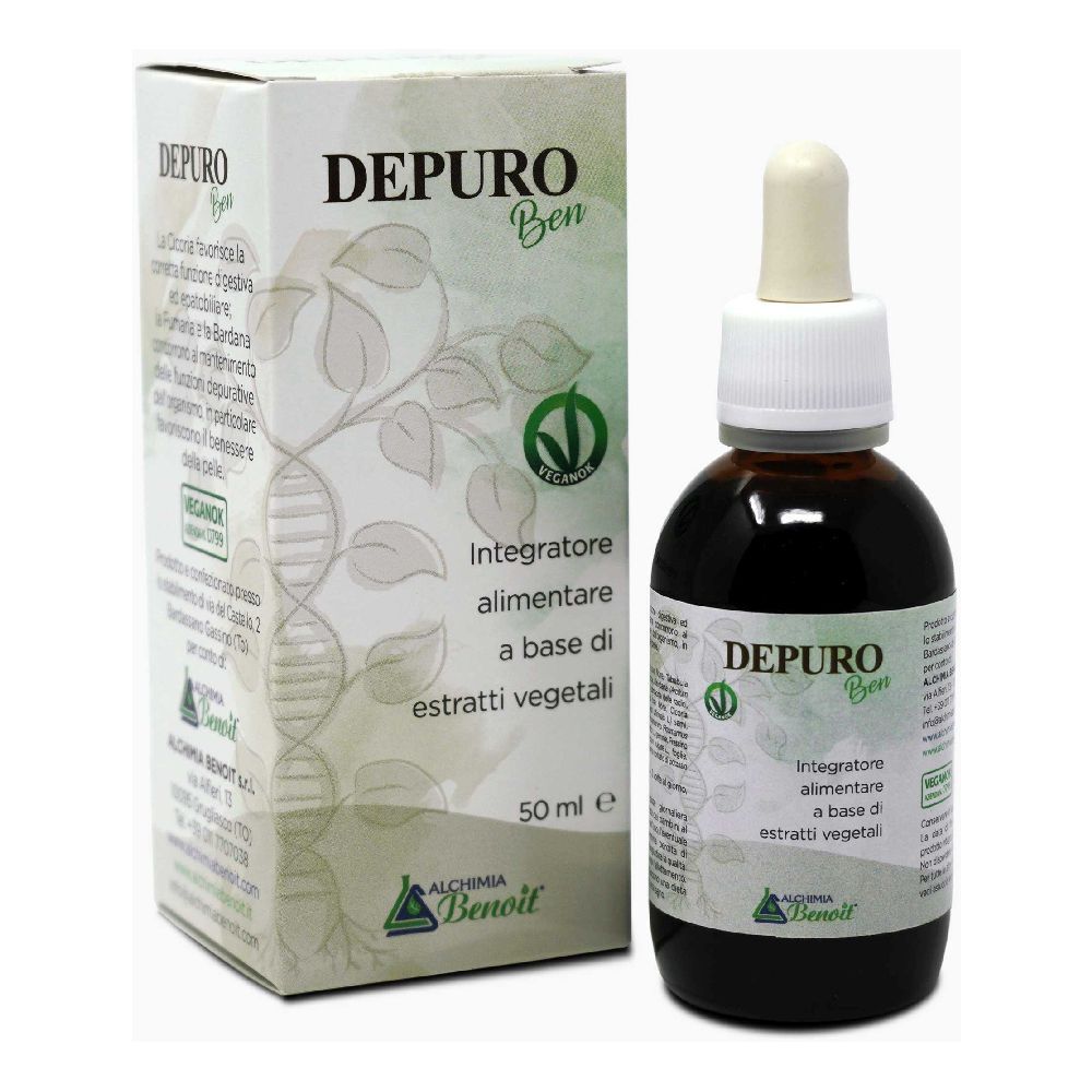 Flacone di vetro marrone con contagocce e scatola. Scritta: Depuro Ben, Integratore alimentare a base di estratti vegetali. Sigillo vegano.