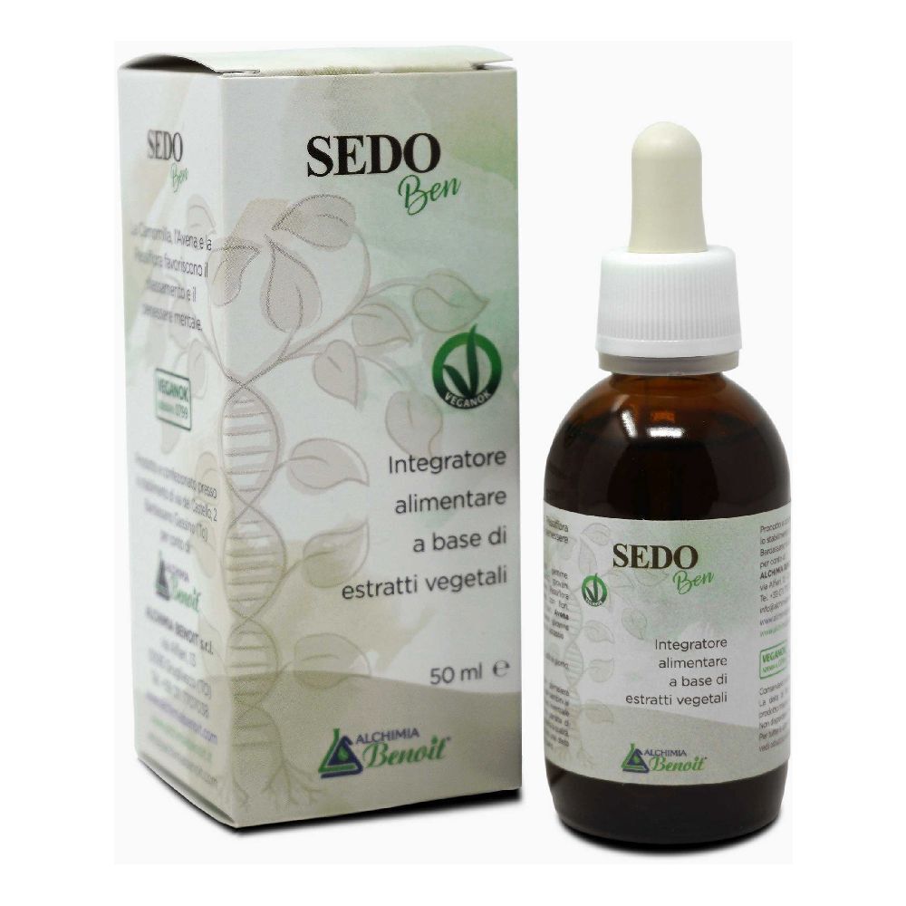Flacone di vetro marrone con contagocce e scatola. Scritta: SEDO Ben, Integratore alimentare a base di estratti vegetali. Alchemia Benoit.