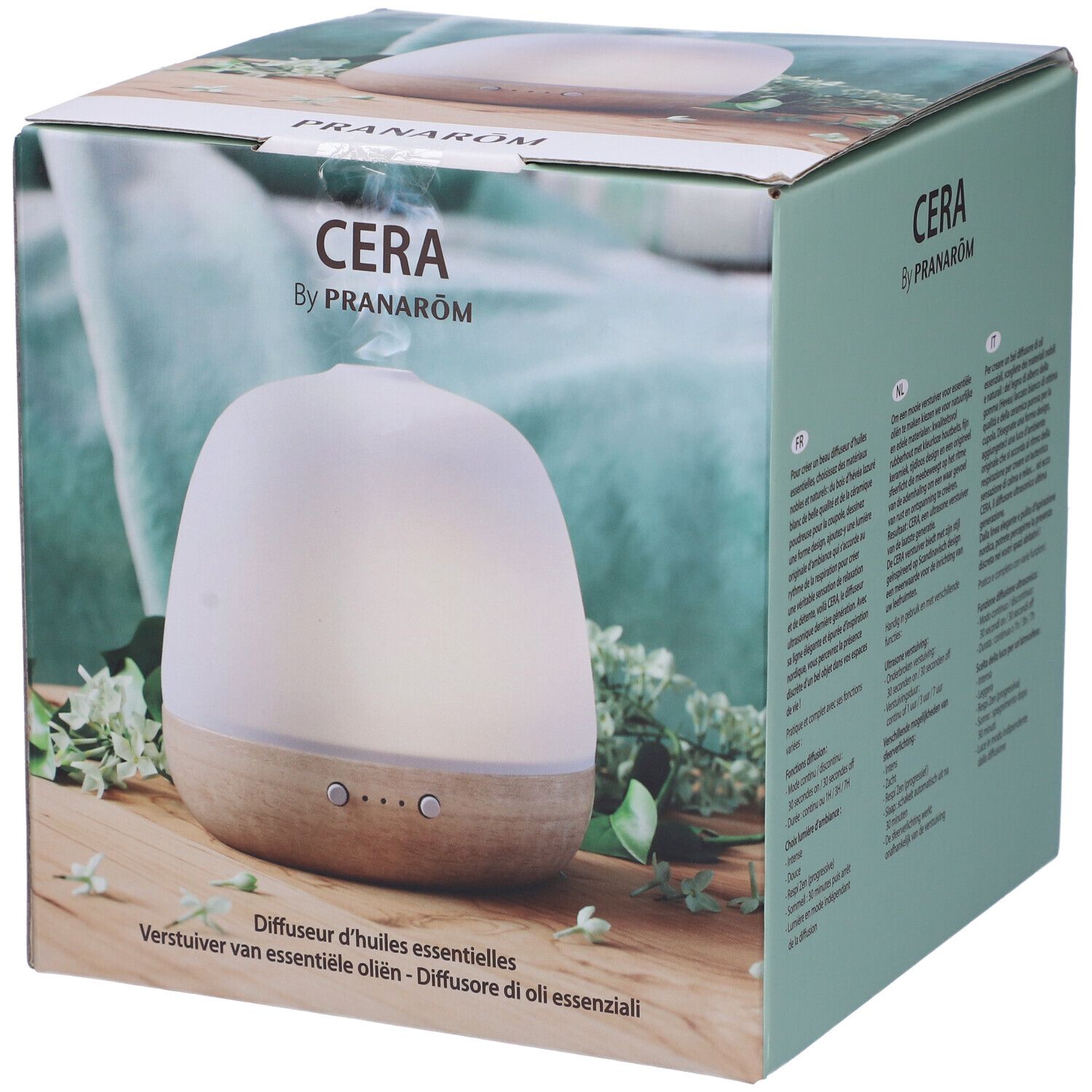 Confezione del diffusore. Scritta "CERA by PRANAROM". Diffusore bianco e legno.
