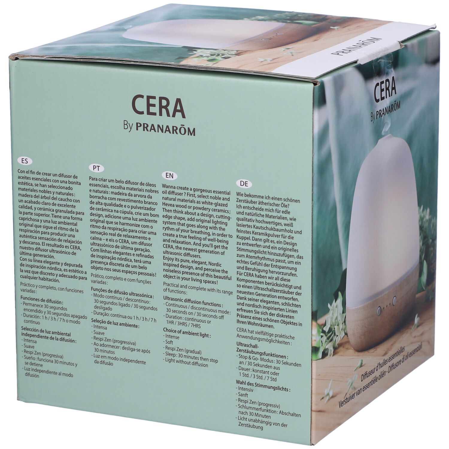 Confezione del diffusore. Scritta "CERA by PRANAROM". Testo multilingue.