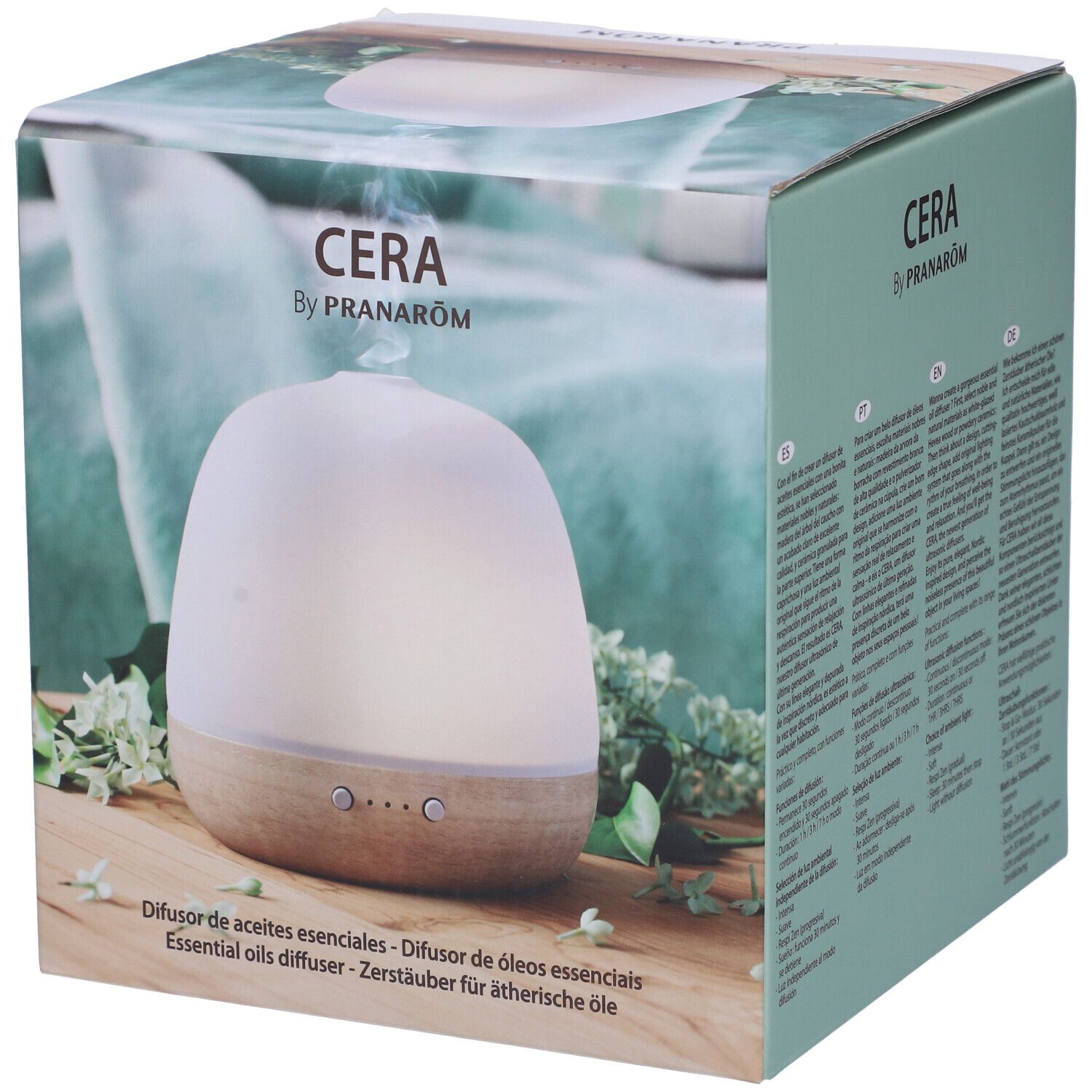 Confezione del diffusore. Scritta "CERA by PRANAROM". Testo multilingue.