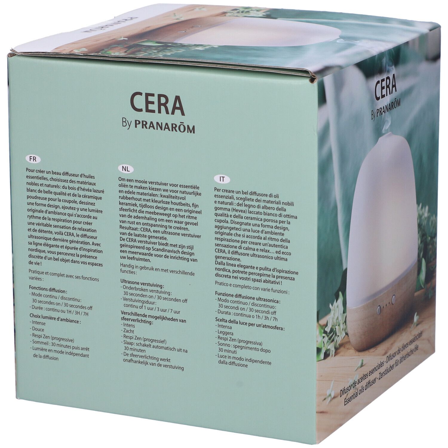 Confezione del diffusore. Scritta "CERA by PRANAROM". Diffusore bianco e legno.