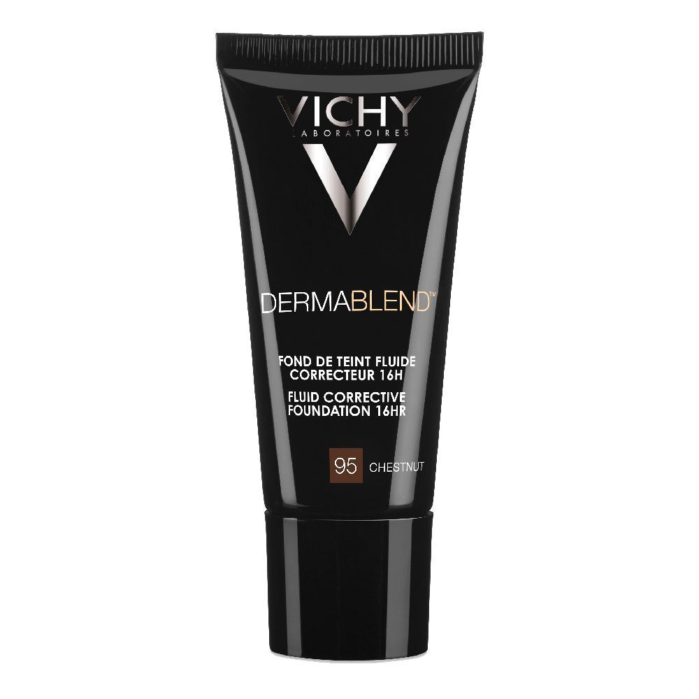 Tube brun foncé avec bouchon noir. Inscriptions: VICHY, DERMABLEND, 95 Chestnut. Fond de teint correcteur fluide.