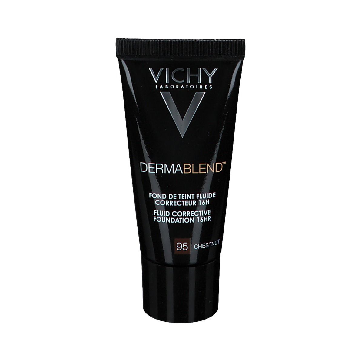 Tube brun foncé avec bouchon noir. Inscriptions: VICHY, DERMABLEND, 95 Chestnut. Fond de teint correcteur fluide.