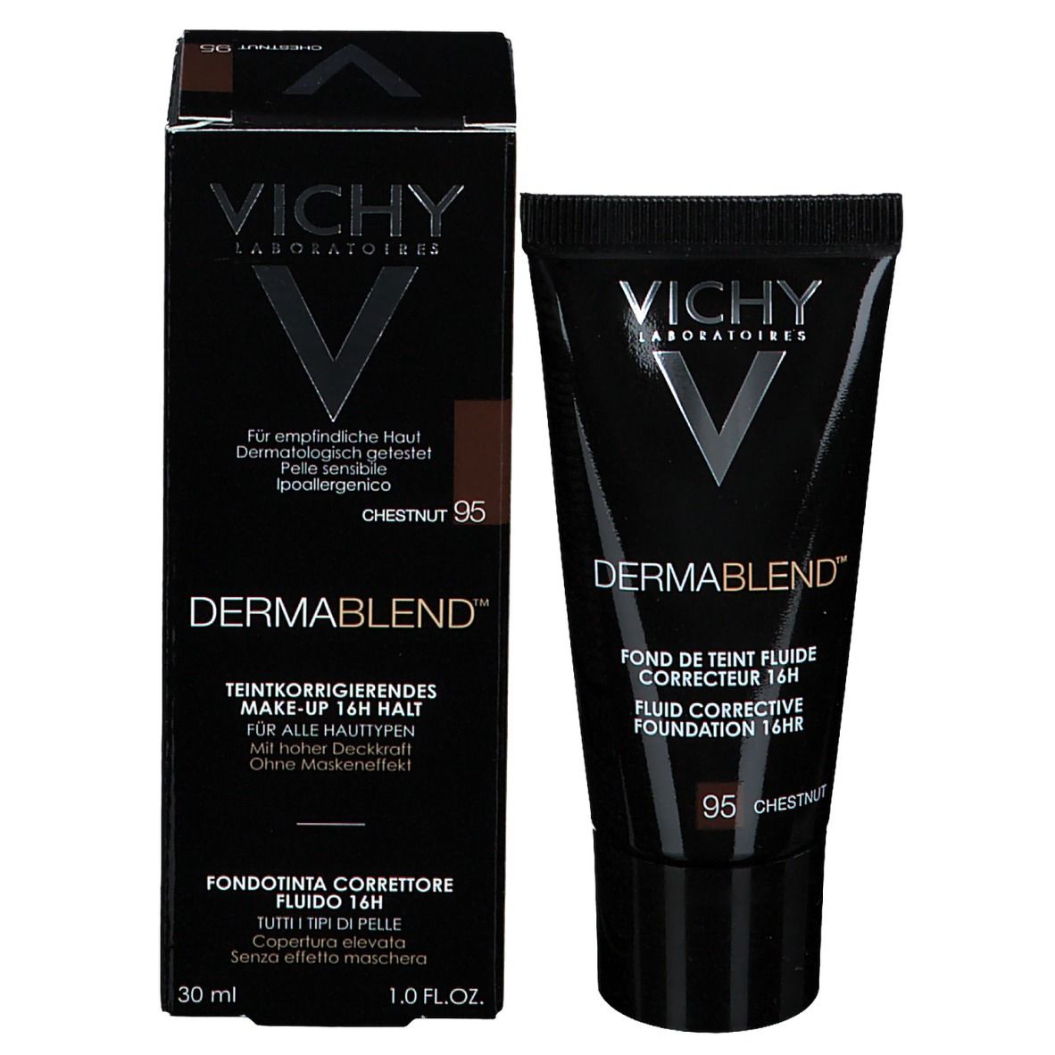 Boîte et tube. Inscriptions: VICHY, DERMABLEND, 95 Chestnut. Fond de teint correcteur fluide. 30 ml.