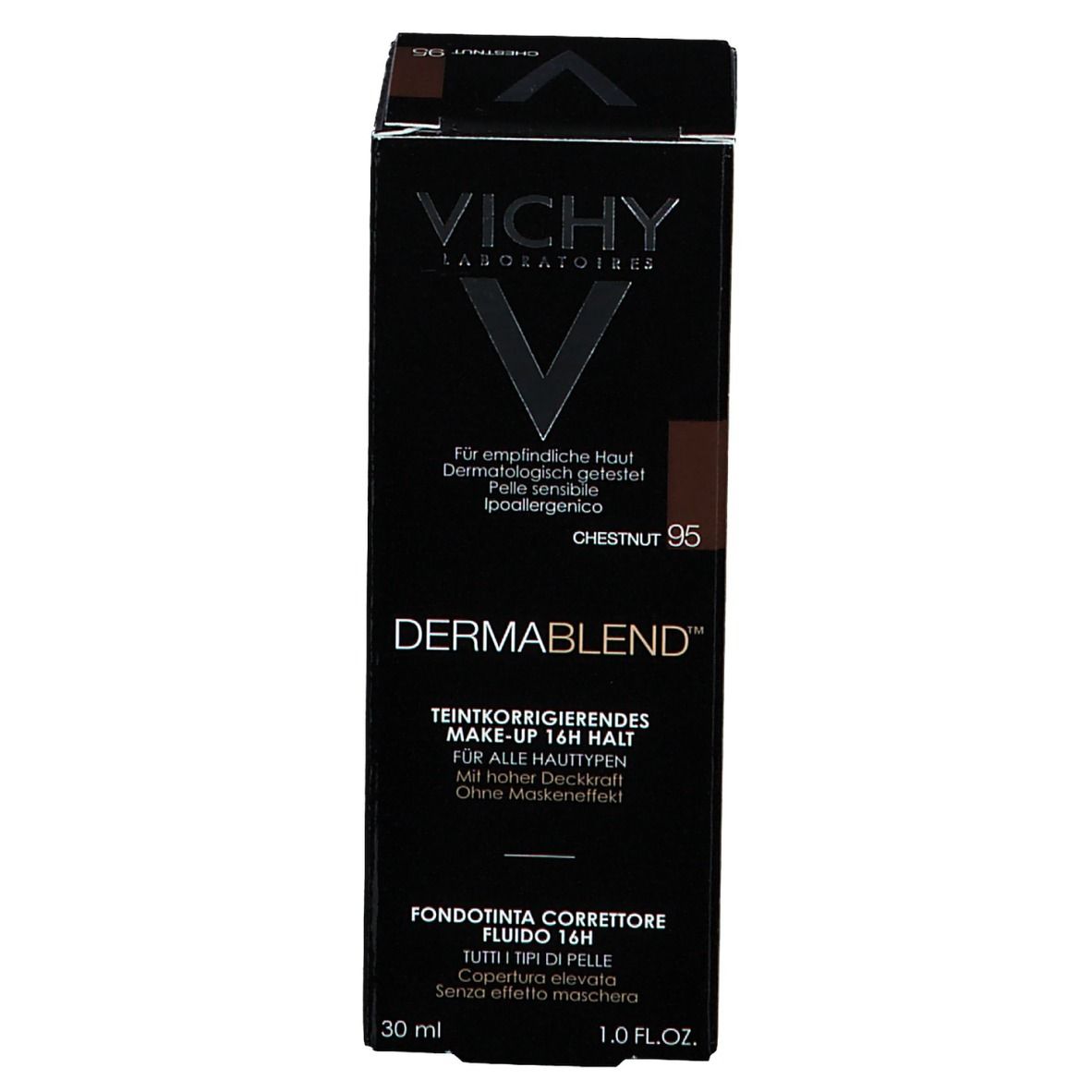 Boîte avec inscriptions: VICHY, DERMABLEND, 95 Chestnut. Fond de teint correcteur fluide. 30 ml.