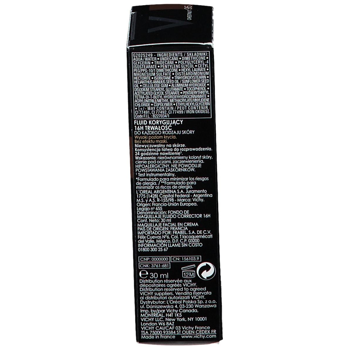 Dos de la boîte. Texte multilingue. Informations sur les ingrédients, le fabricant et la durabilité. 30 ml.