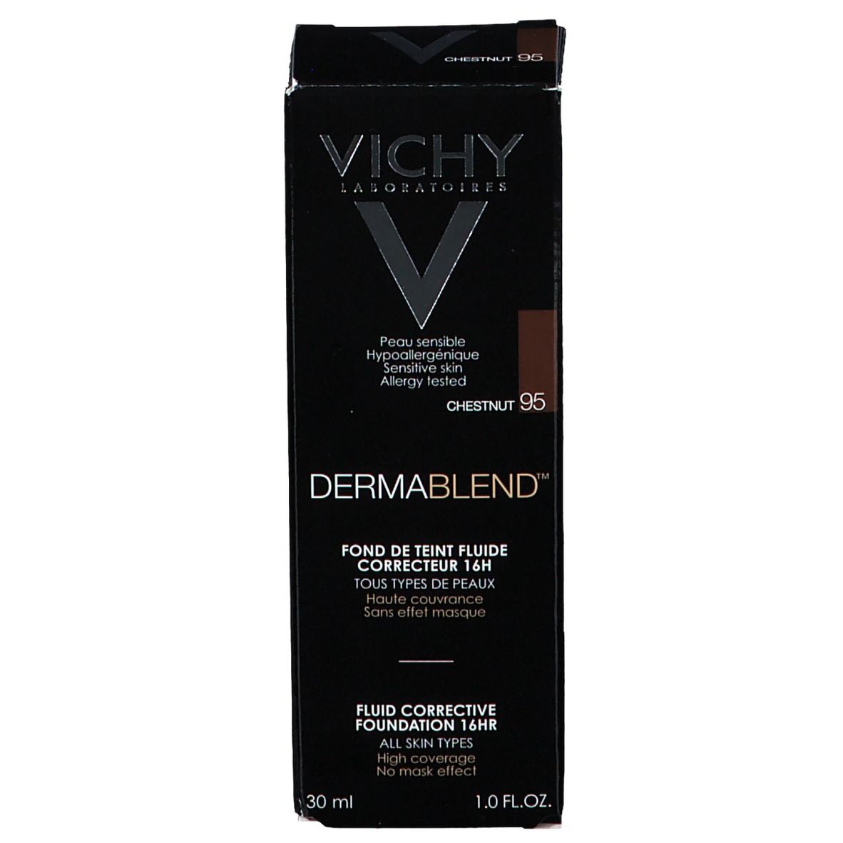 Boîte avec inscriptions: VICHY, DERMABLEND, 95 Chestnut. Fond de teint correcteur fluide. 30 ml.