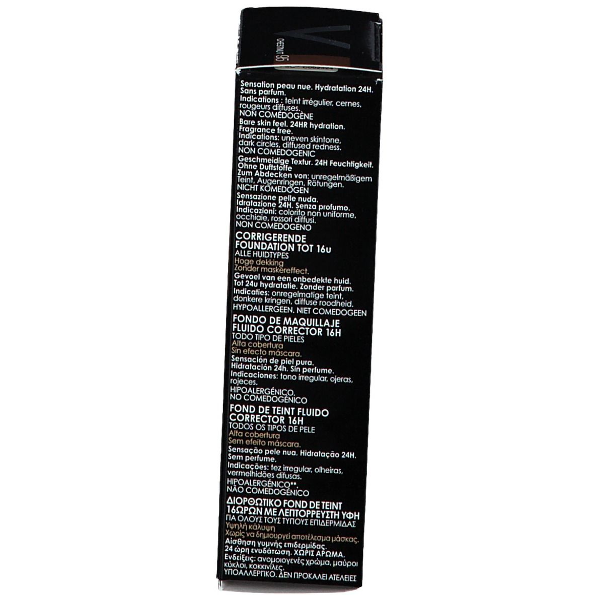 Côté de la boîte. Texte multilingue. Informations sur les ingrédients, le fabricant et la durabilité. 30 ml.