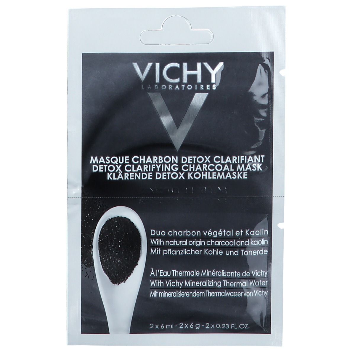 Bustina di maschera viso nera. Logo VICHY e nome del prodotto. Contiene carbone vegetale e argilla.