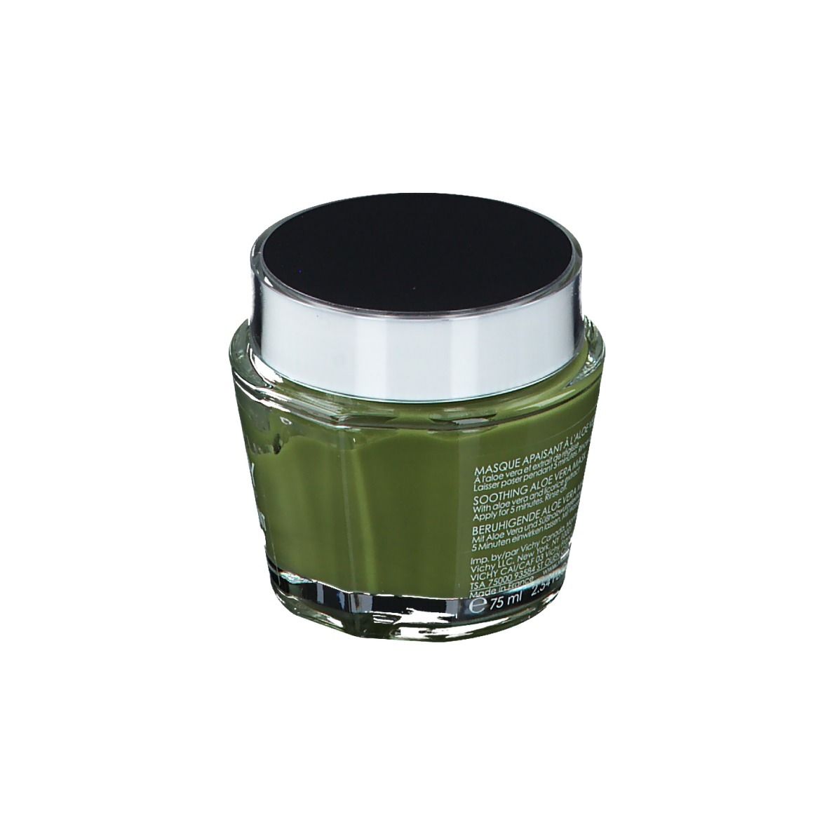 Crema verde in barattolo di vetro con coperchio nero. Scritta: Vichy, Masque apaisant à l'aloe vera. Testo sul retro.