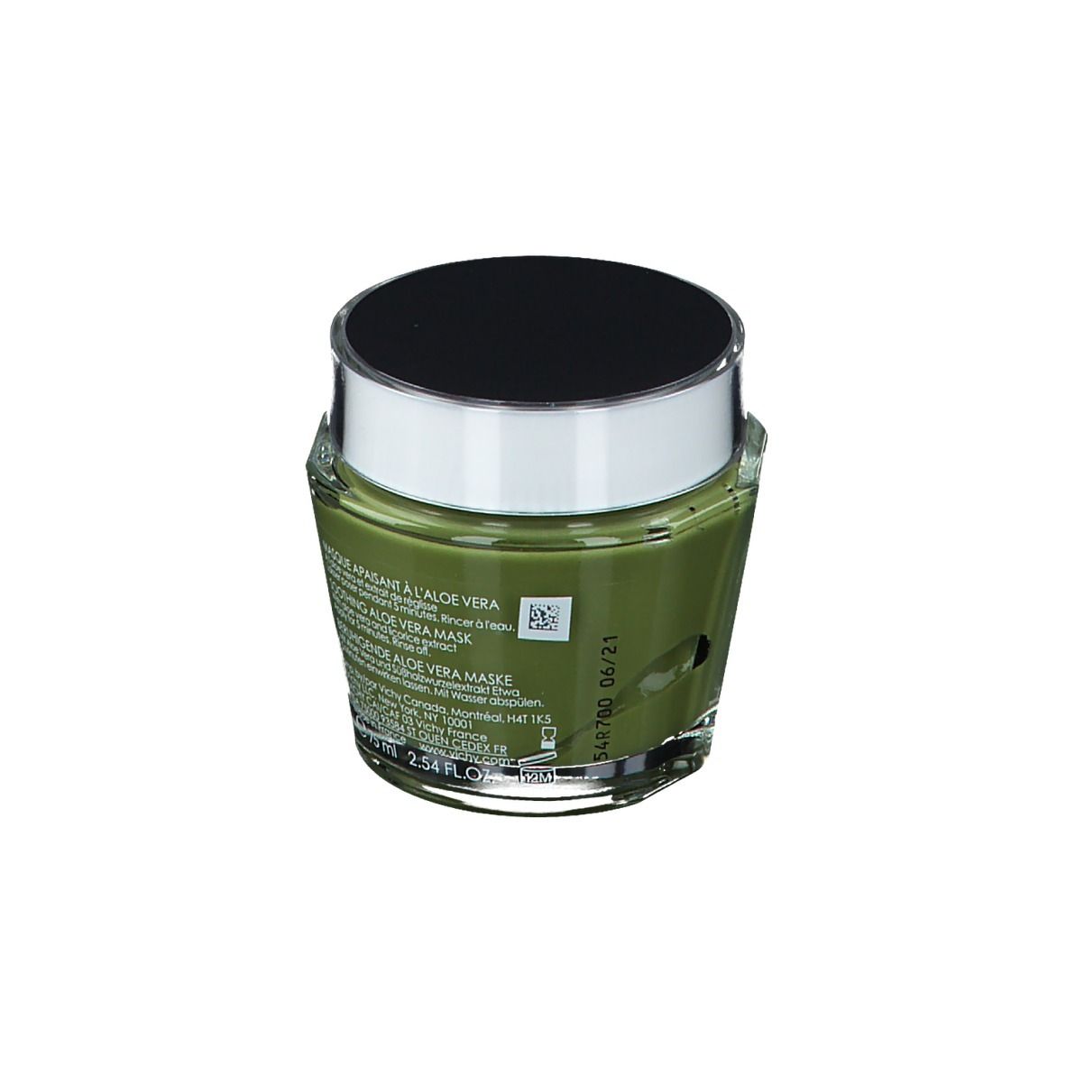 Crema verde in barattolo di vetro con coperchio nero. Scritta: Vichy, Masque apaisant à l'aloe vera. Codice QR.