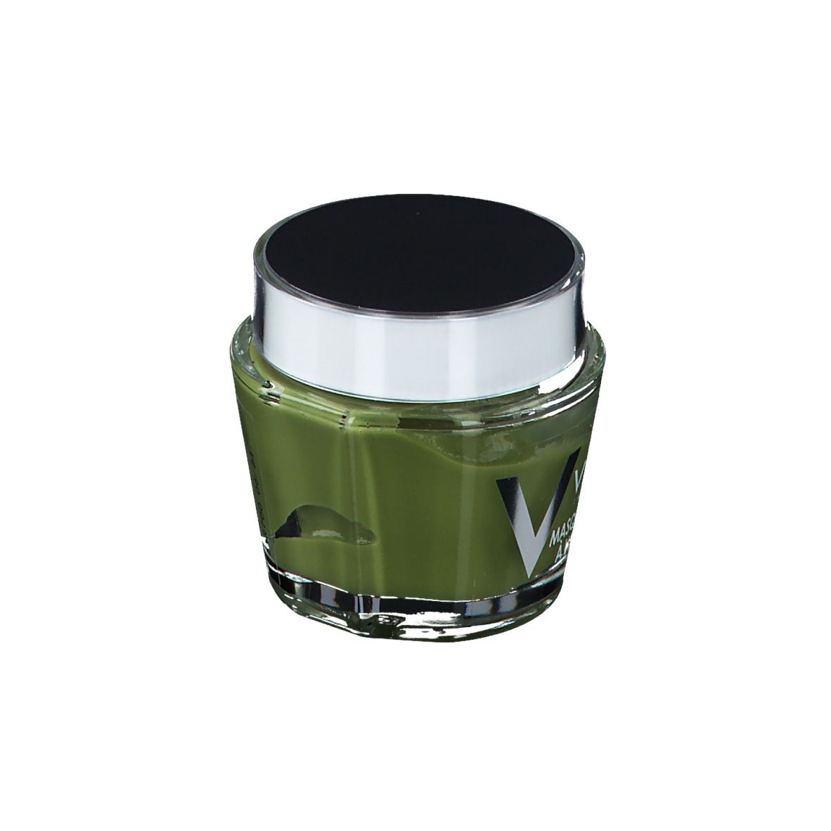 Crema verde in barattolo di vetro con coperchio nero. Scritta: Vichy, Masque apaisant à l'aloe vera.