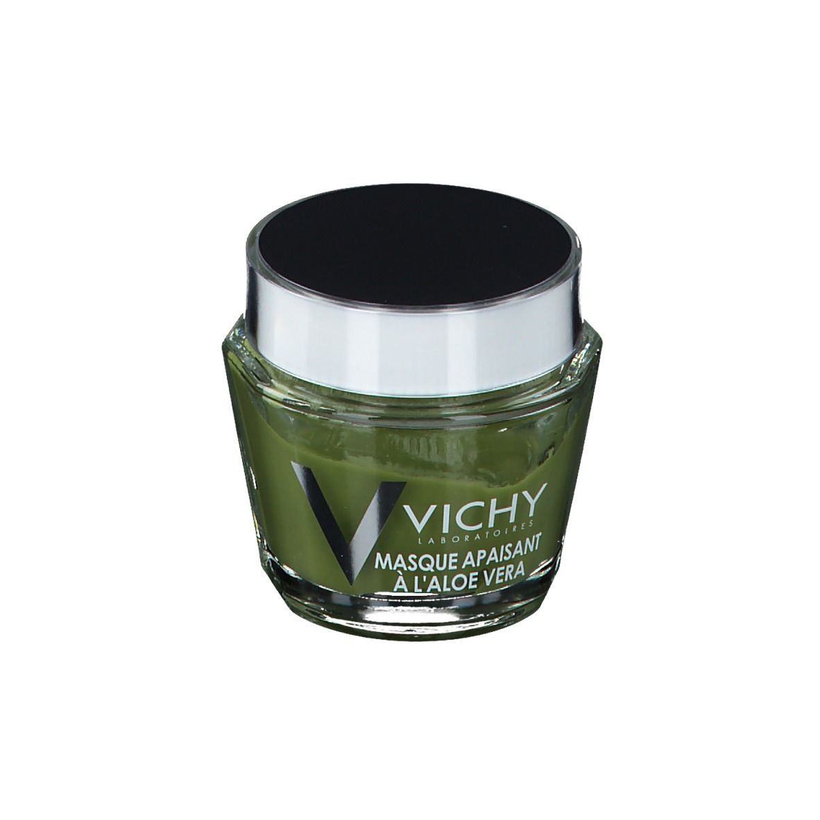 Crema verde in barattolo di vetro con coperchio nero. Scritta: Vichy, Masque apaisant à l'aloe vera.