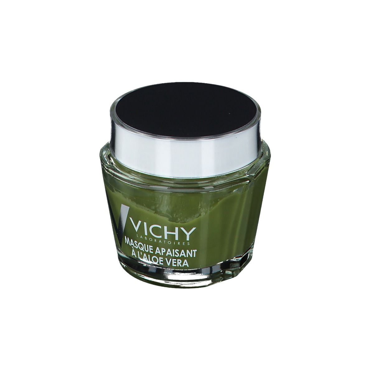 Crema verde in barattolo di vetro con coperchio nero. Scritta: Vichy, Masque apaisant à l'aloe vera.