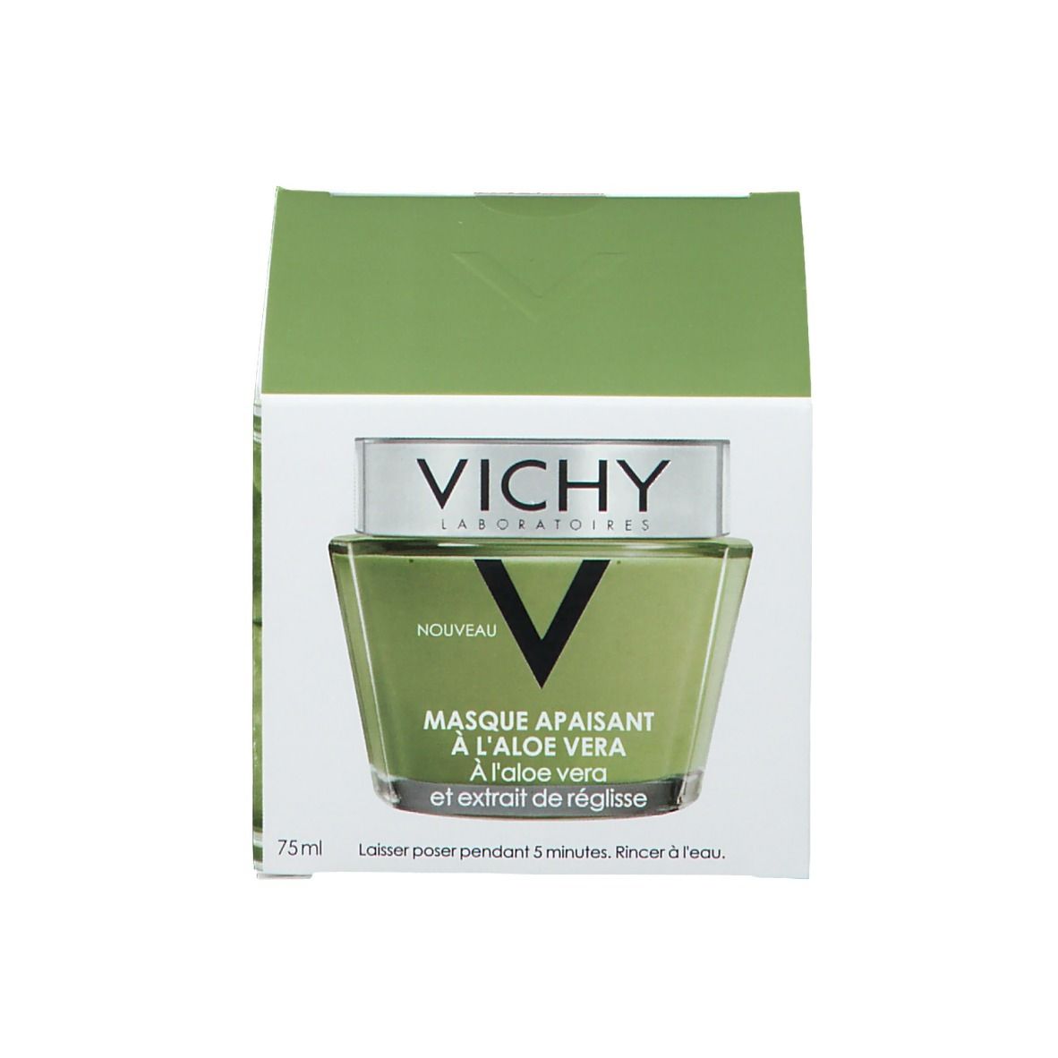 Confezione del prodotto con crema e scatola. Scritta: Vichy, Masque apaisant à l'aloe vera. 75ml.