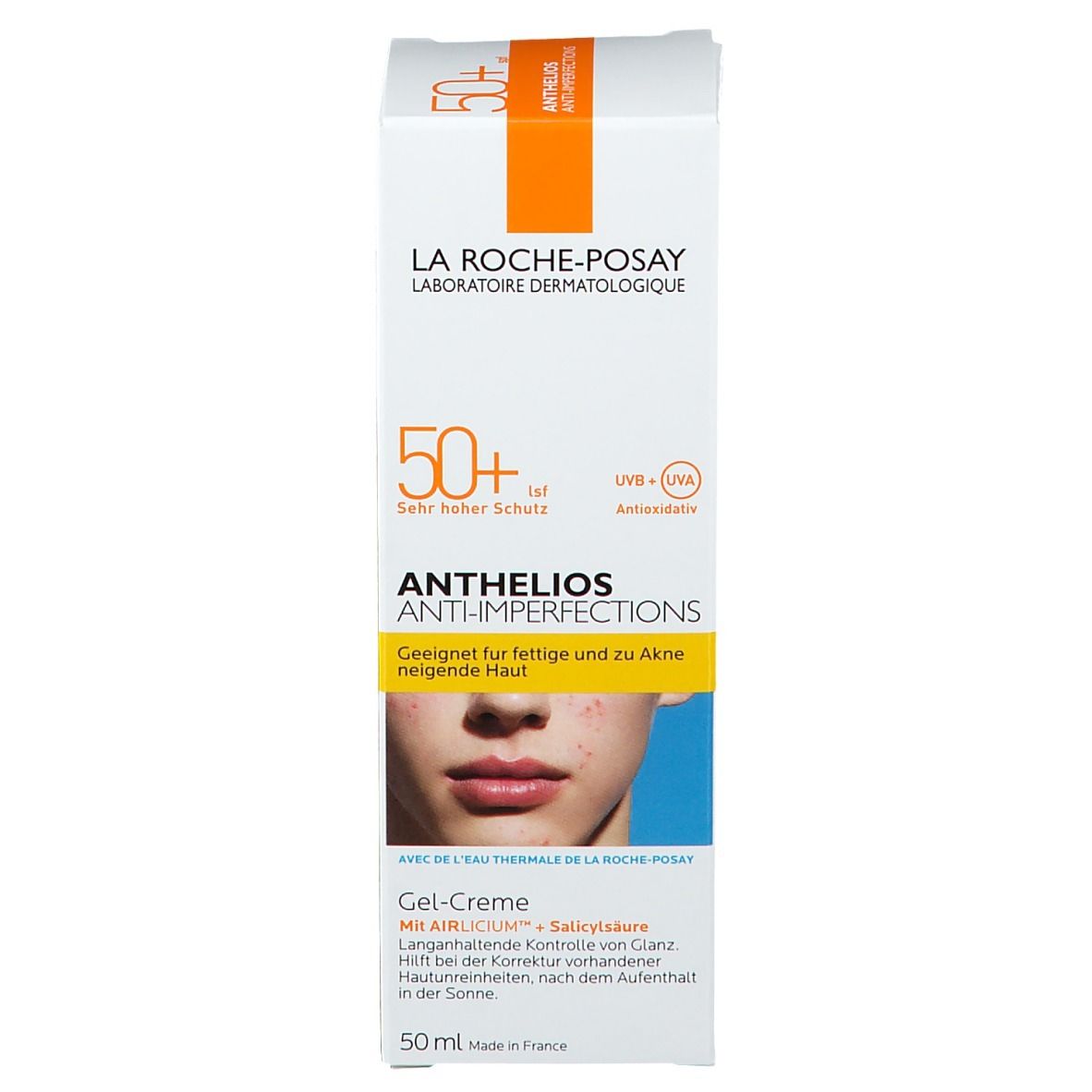 Produktverpackung. Aufschrift: La Roche-Posay, Anthelios Anti-Imperfections LSF 50+. Abbildung eines Gesichts.