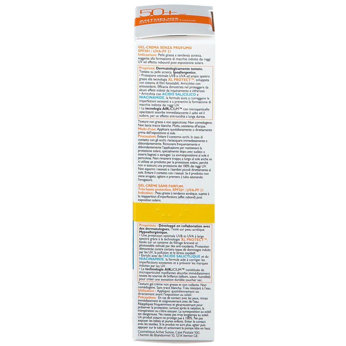 Rückseite der Produktverpackung. Text in mehreren Sprachen. Enthält Informationen zu Inhaltsstoffen und Anwendung.