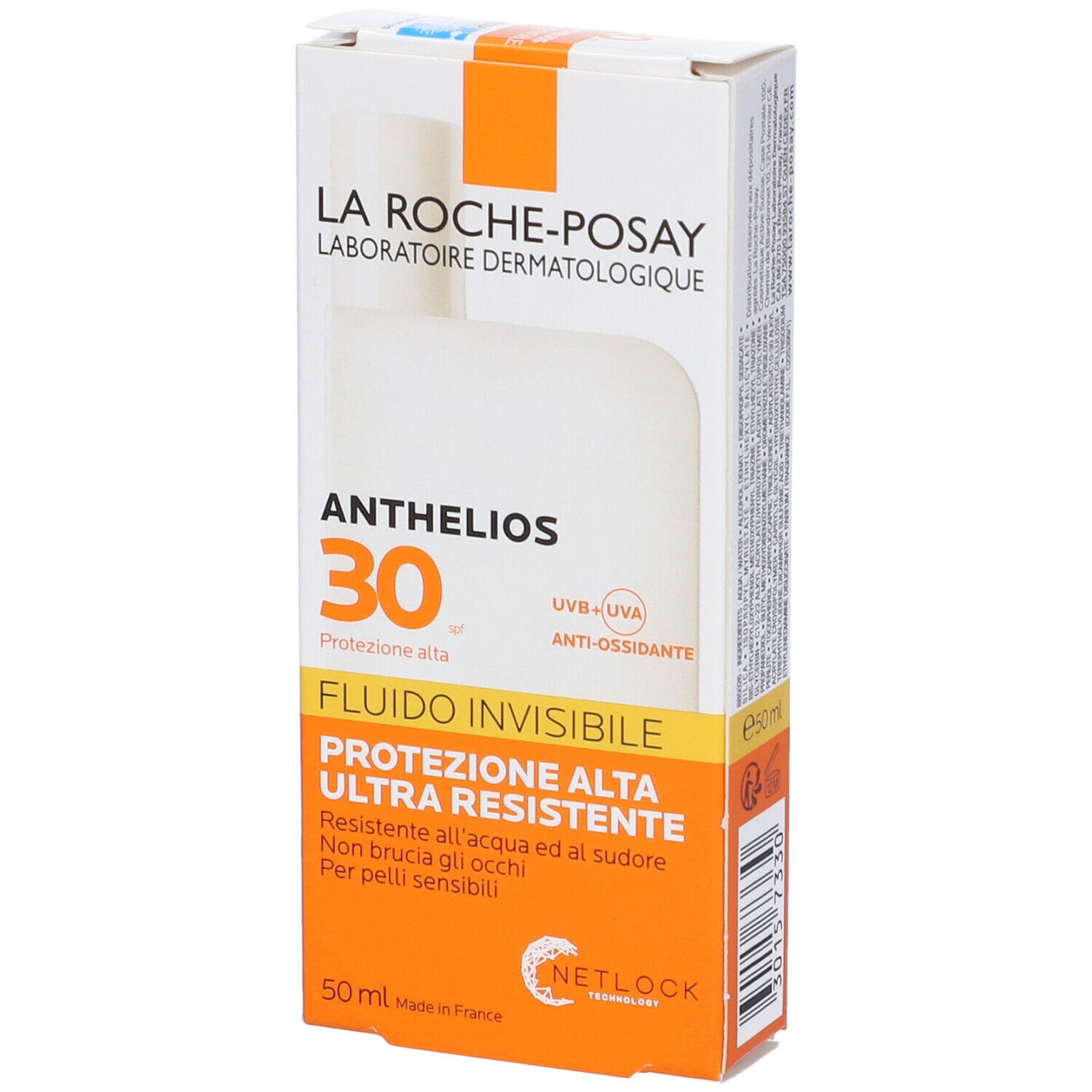 Confezione La Roche-Posay Anthelios 30. Scatola bianca con accento arancione. Scritta: ANTHELIOS 30, Invisible Fluid, Protezione Alta.