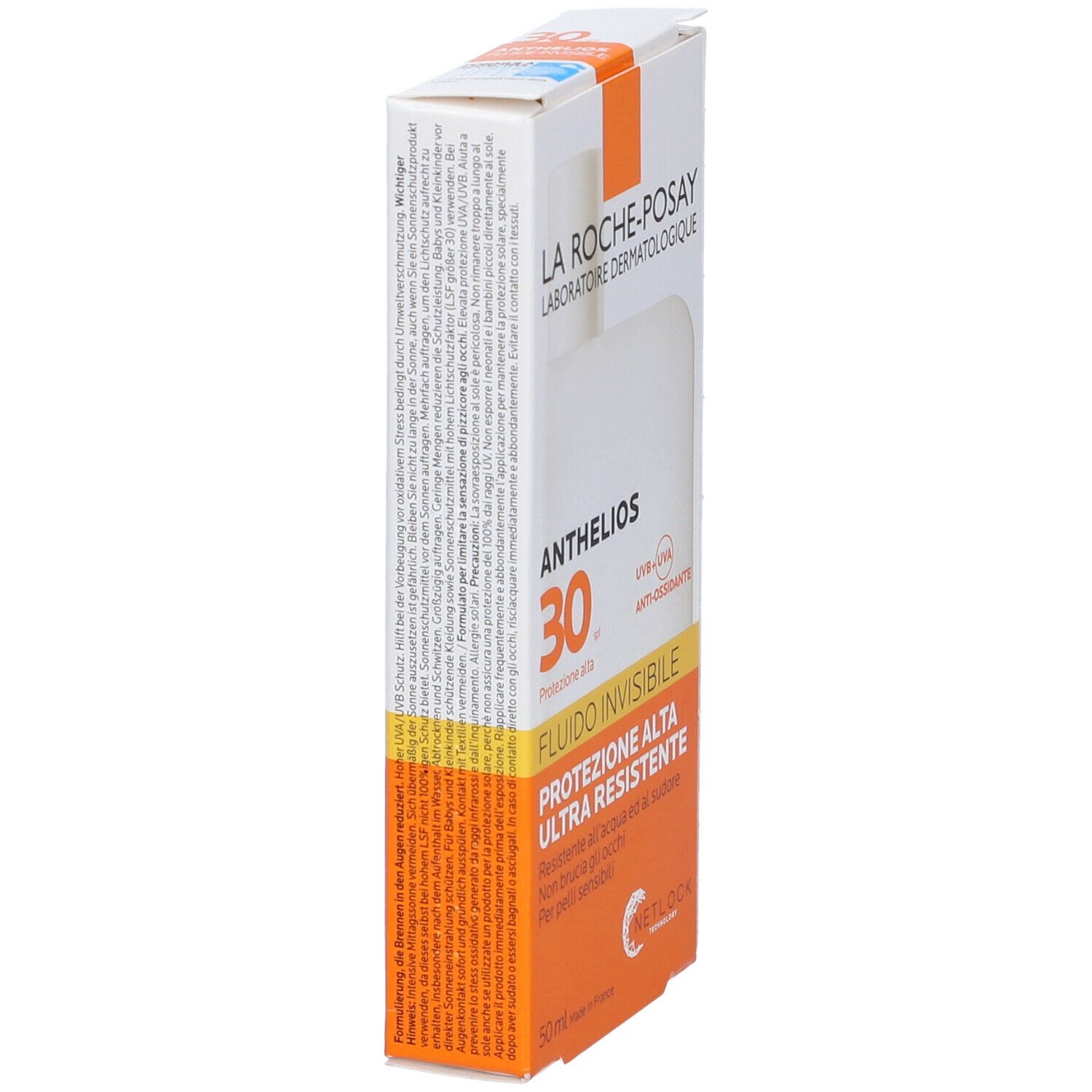 Confezione La Roche-Posay Anthelios 30. Scatola bianca con accento arancione. Scritta: ANTHELIOS 30, Invisible Fluid, Protezione Alta.