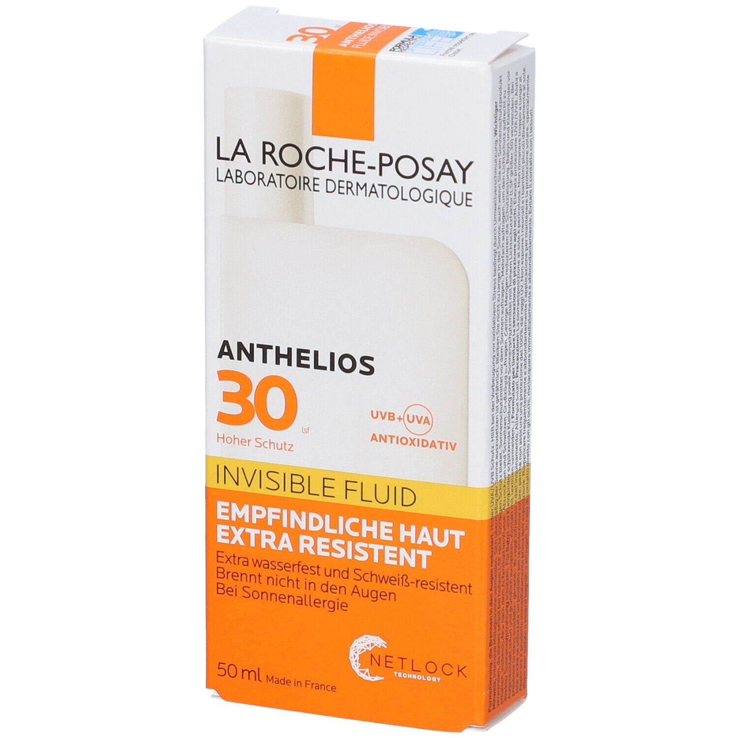 Confezione La Roche-Posay Anthelios 30. Scatola bianca con accento arancione. Scritta: ANTHELIOS 30, Invisible Fluid, Protezione Alta.