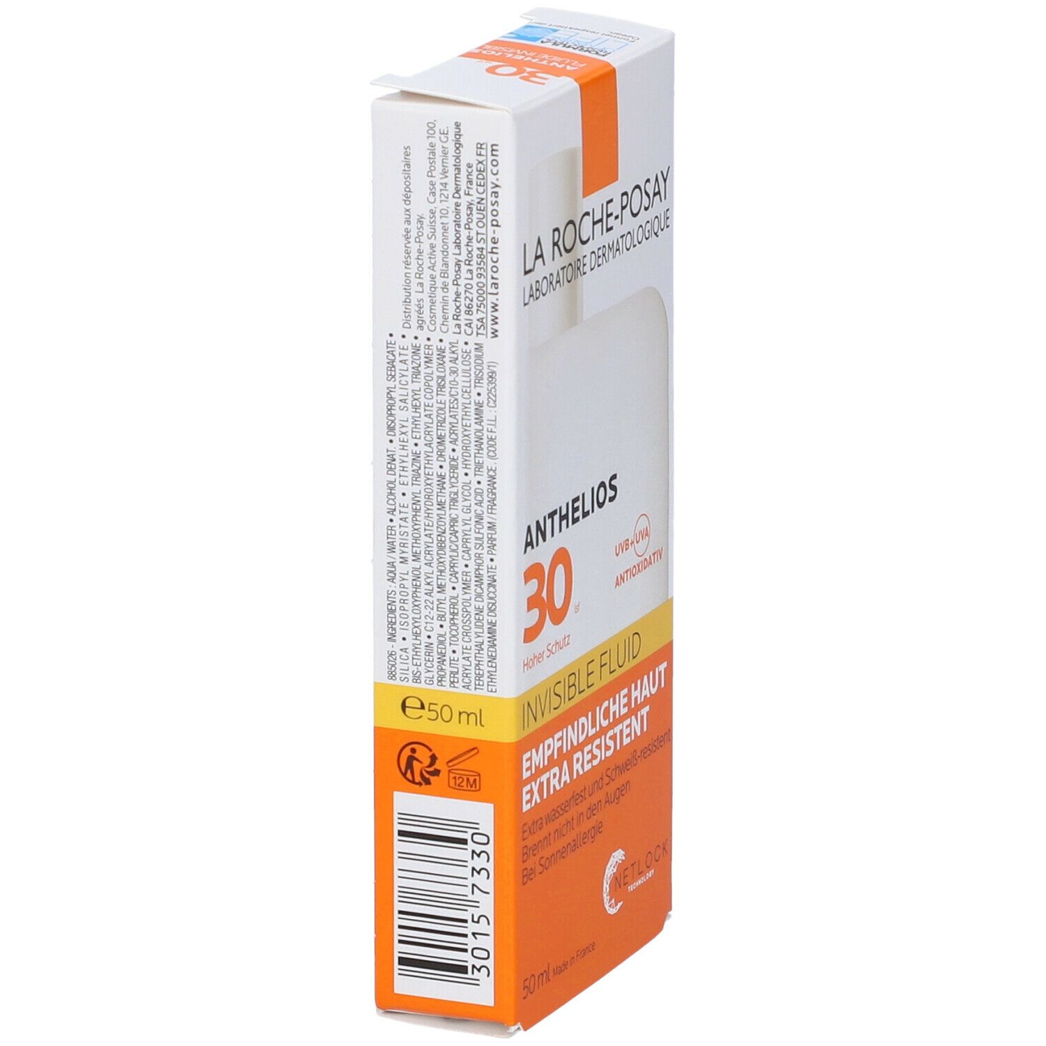 Confezione La Roche-Posay Anthelios 30. Scatola bianca con accento arancione. Scritta: ANTHELIOS 30, Invisible Fluid, Protezione Alta.