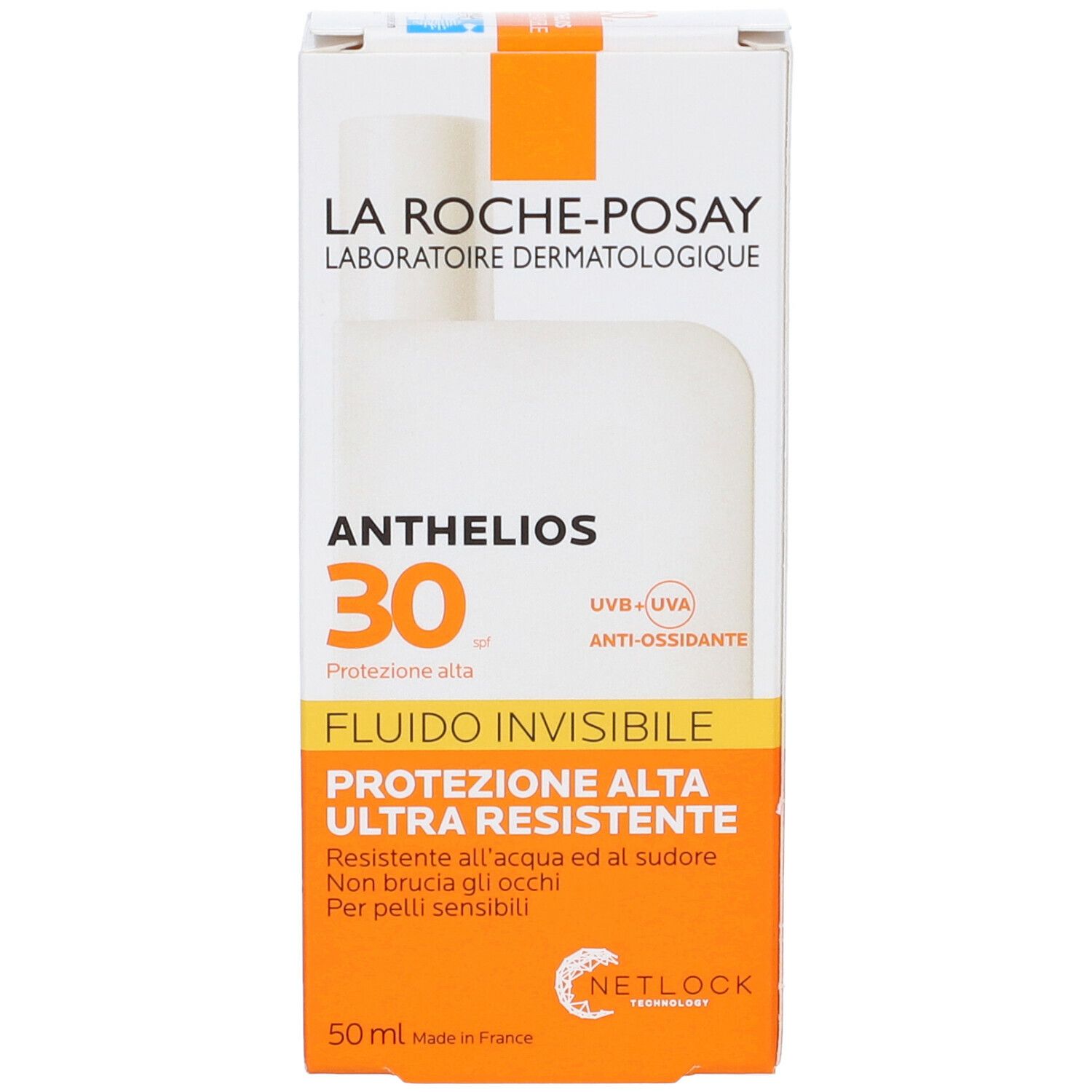 Confezione La Roche-Posay Anthelios 30. Scatola bianca con accento arancione. Scritta: ANTHELIOS 30, Invisible Fluid, Protezione Alta.