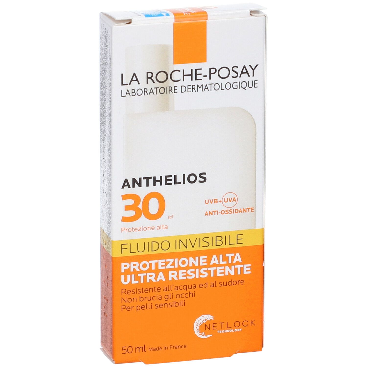 Confezione La Roche-Posay Anthelios 30. Scatola bianca con accento arancione. Scritta: ANTHELIOS 30, Invisible Fluid, Protezione Alta.