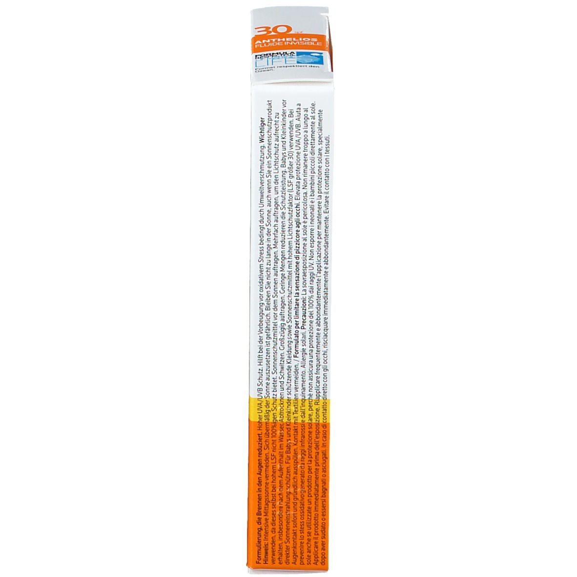 Confezione La Roche-Posay Anthelios 30. Scatola bianca con accento arancione. Scritta: ANTHELIOS 30, Invisible Fluid, Protezione Alta.