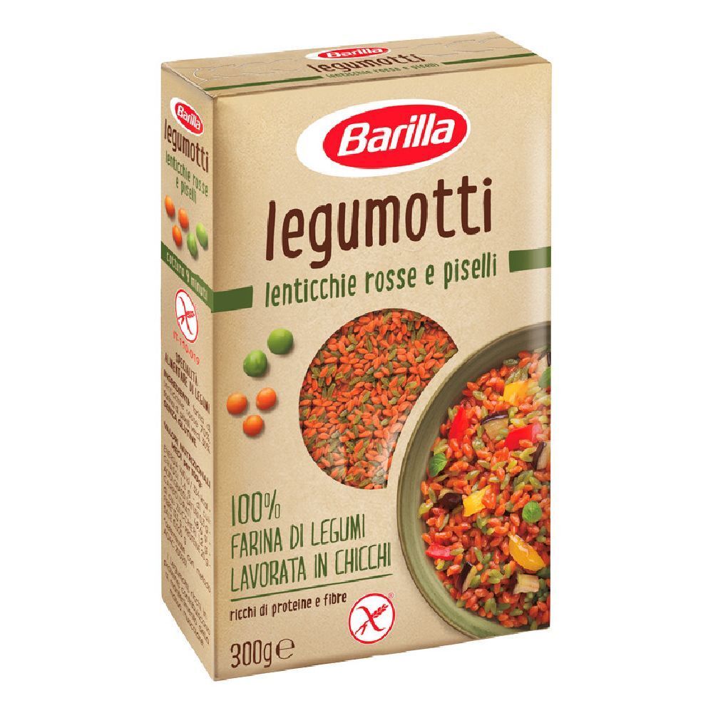 Confezione di Barilla Legumotti. Scritta: legumotti, lenticchie rosse e piselli, 100% Farina di legumi, 300g.
