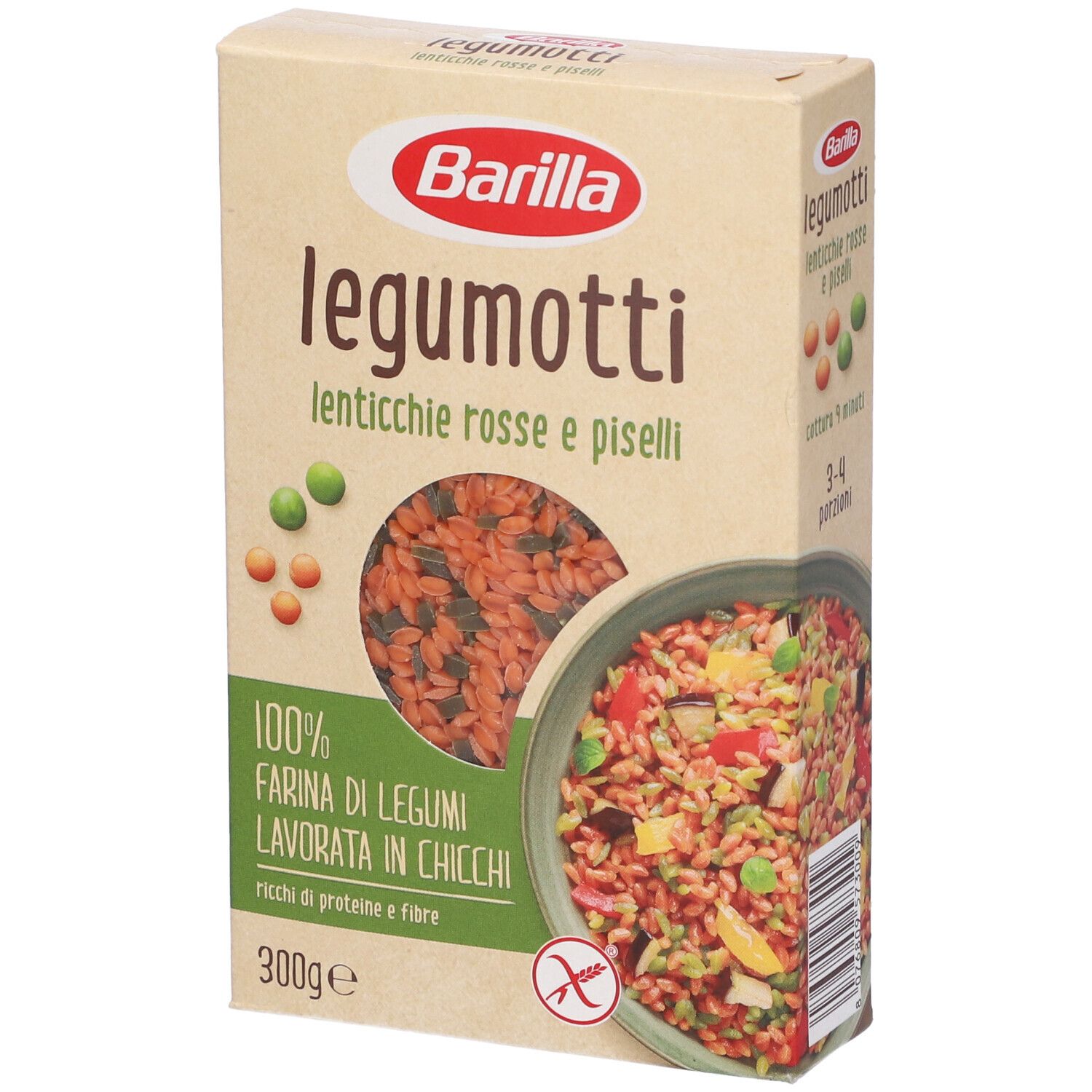 Confezione Barilla Legumotti. Scritta: legumotti, lenticchie rosse e piselli, 100% Farina di legumi, 300g. Simbolo senza glutine.
