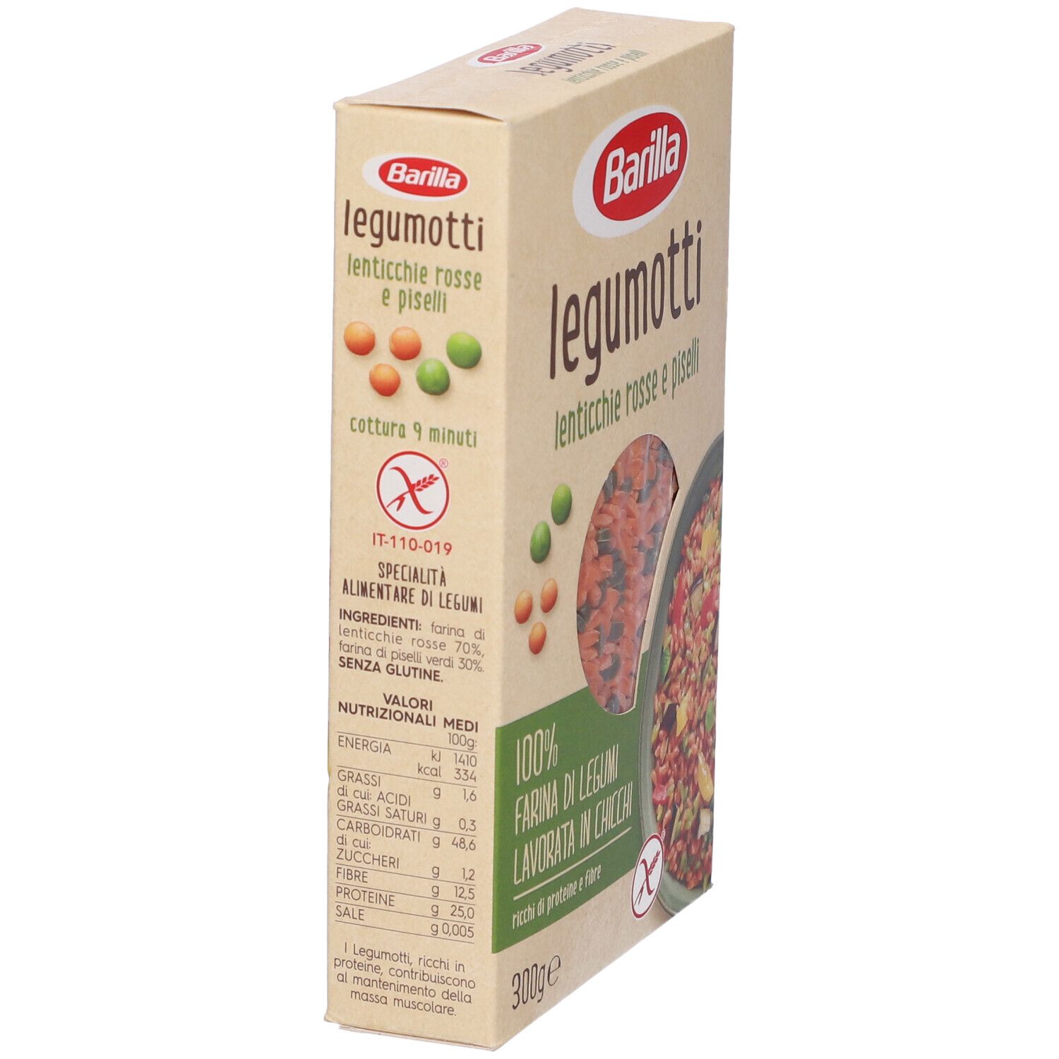 Confezione Barilla Legumotti. Scritta: legumotti, lenticchie rosse e piselli, 100% Farina di legumi, 300g. Simbolo senza glutine.