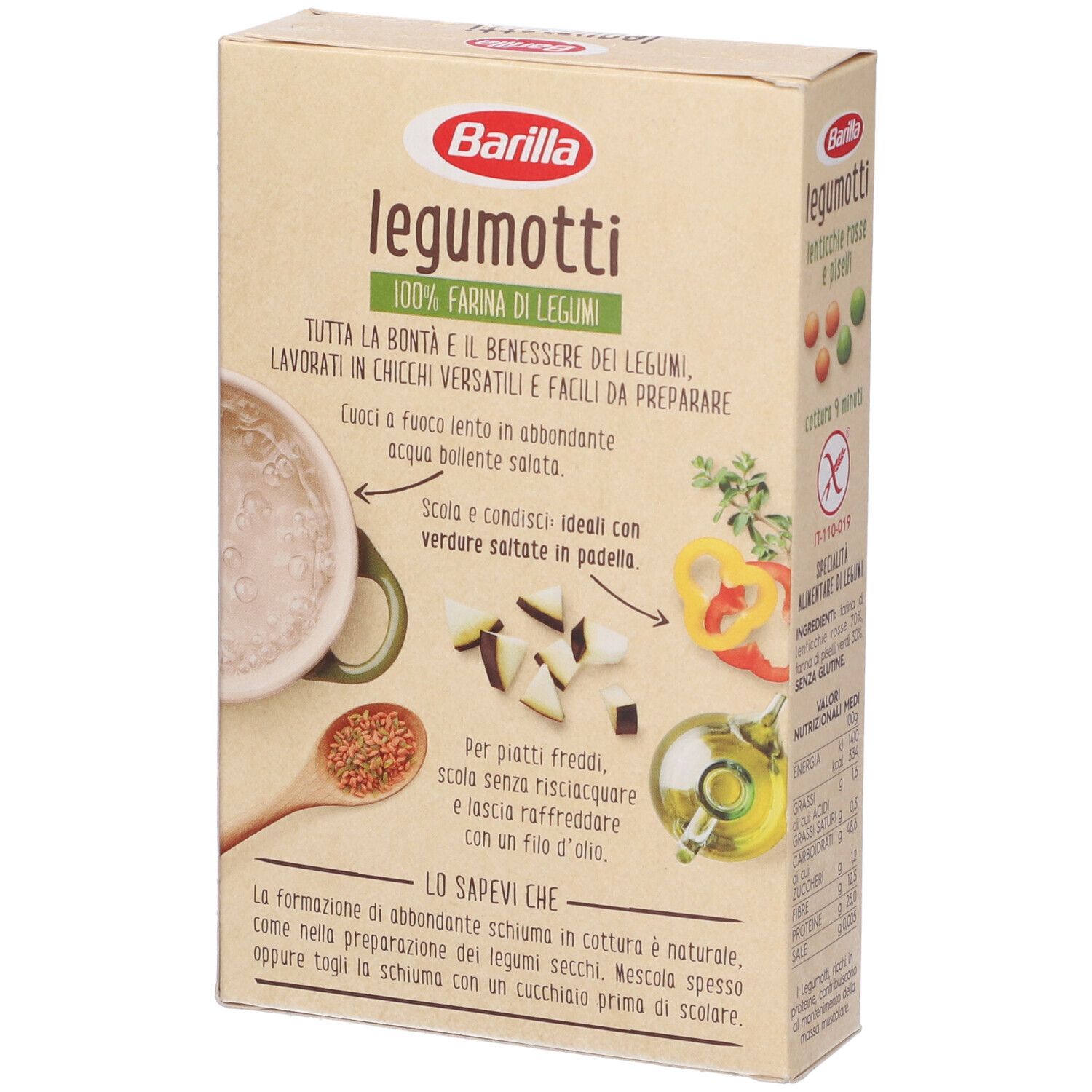 Confezione Barilla Legumotti. Scritta: legumotti, lenticchie rosse e piselli, 100% Farina di legumi, 300g. Consigli di cottura.